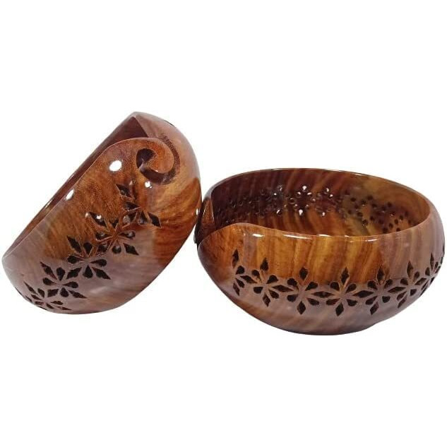 Guru Jee Handmade Wooden Yarn Bowl Wool Ball Holder Knitting Bowl Crochet Holder Gifts Showpiece (Natural_Brown_Jali_2) (1 Piece)