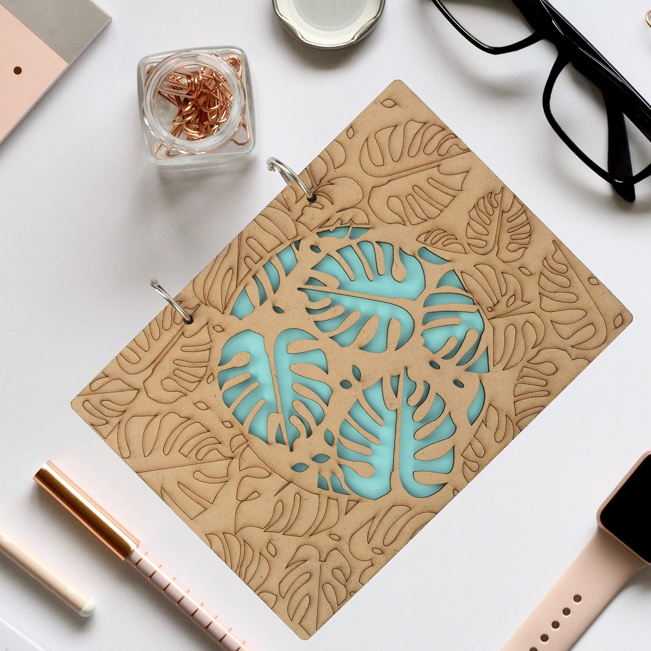 Cinshu International Wooden Scrapbook With Refillable Ring Lock & Plain Paper For Dairy,Photo Album,Writing Memories & Office Use,Drawing For Gift,A5 6X8.5 Inches (Leaf Designed Scrapbook)