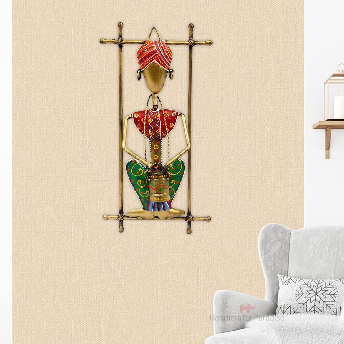Handicrafts Paradise Iron Tribal Musician Wall Art, Multicolour, 7.25 X 2.5 Inches