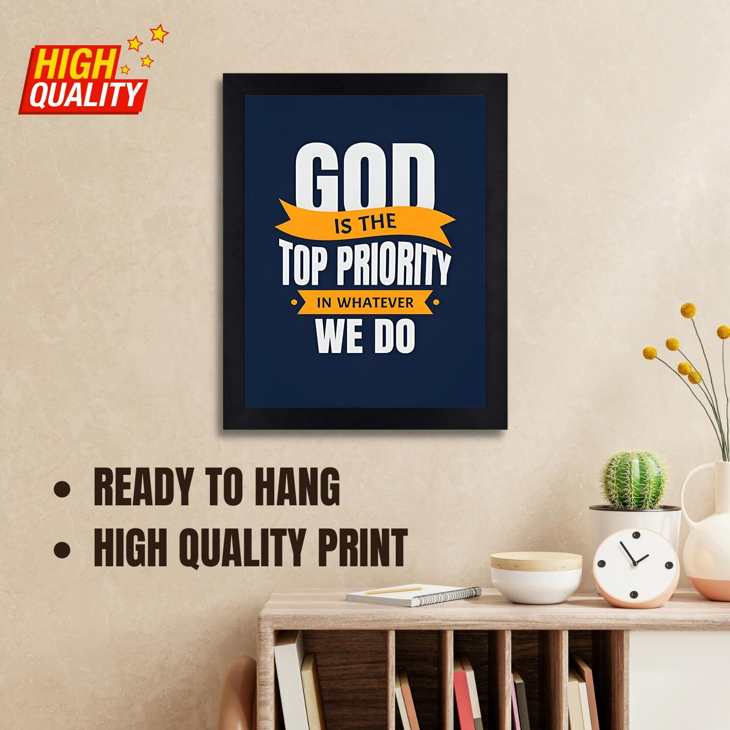 Interio Crafts God Is The Top Priority Bible Verse Christian Decor Jesus Christ Wall Framed Poster- Synthetic Wood, 13X10 Inches