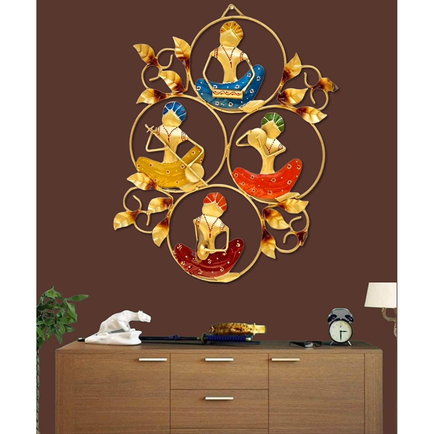 Rsn Metal Wall Art Frame, Wall Hangings For Home Decoration, Wall Sculpture For Living Room, Scenery Showpiece Wall Hanging Decorative Items For Bedroom For 4 Musician Doll (Size 24X17 In)