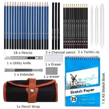 Corslet 42 Pc Sketching Kit Drawing Pencils For Artists Kit A5 Sketch Book Charcoal Pencil Art Supplies For Artist Pencil Set Drawing Set Sketch Pencils Set For Artists Drawing Kit Shading Pencils Set