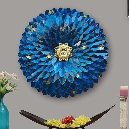 Rsn Rajasthani Ethnic Blue Metal Hand Crafted Round Flower Wall Decor High Gloss Showpiece For Home Decor/Bedroom/Living Room/Office Wall Hanging (Size 24X3X24 Inch)