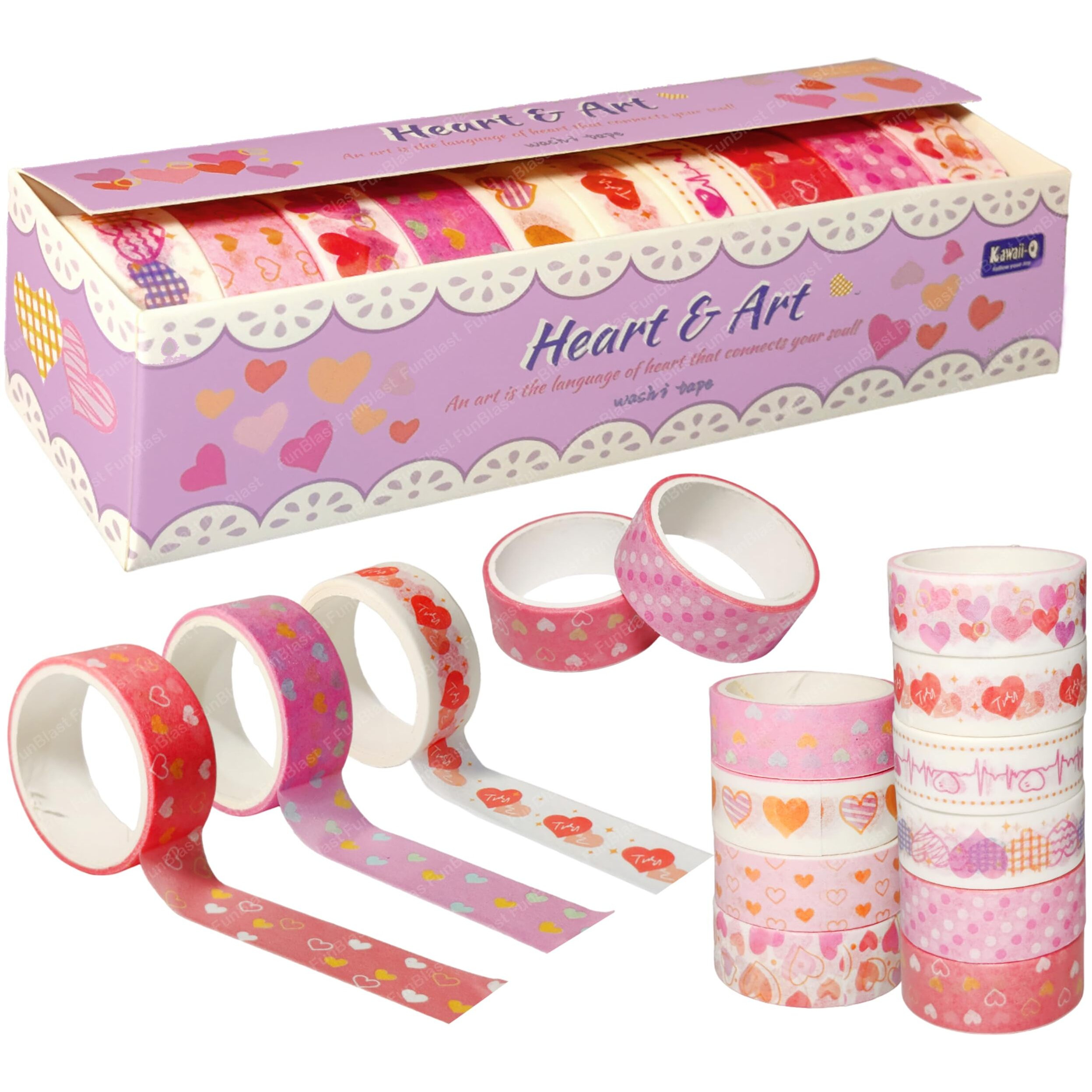 Funblast Kawaii Washi Tape - 10 Pcs Decorative Japanese Masking Paper Tape For Scrapbooking, Planners, Card, Gift Wrapping, Diy Decoration Tapes For And Art & Craft (Heart)