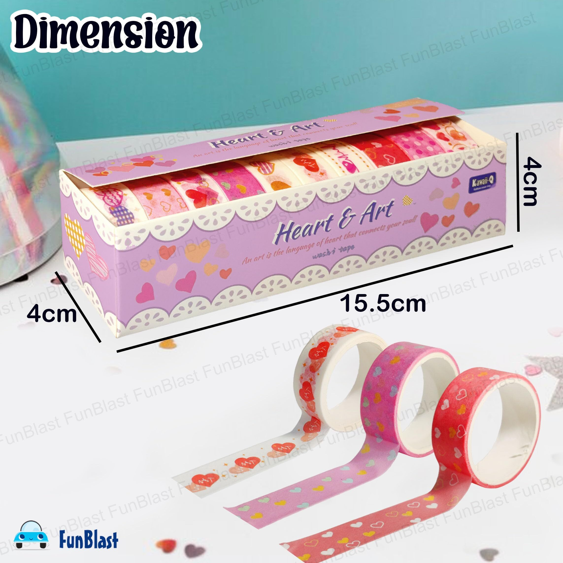 Funblast Kawaii Washi Tape - 10 Pcs Decorative Japanese Masking Paper Tape For Scrapbooking, Planners, Card, Gift Wrapping, Diy Decoration Tapes For And Art & Craft (Heart)