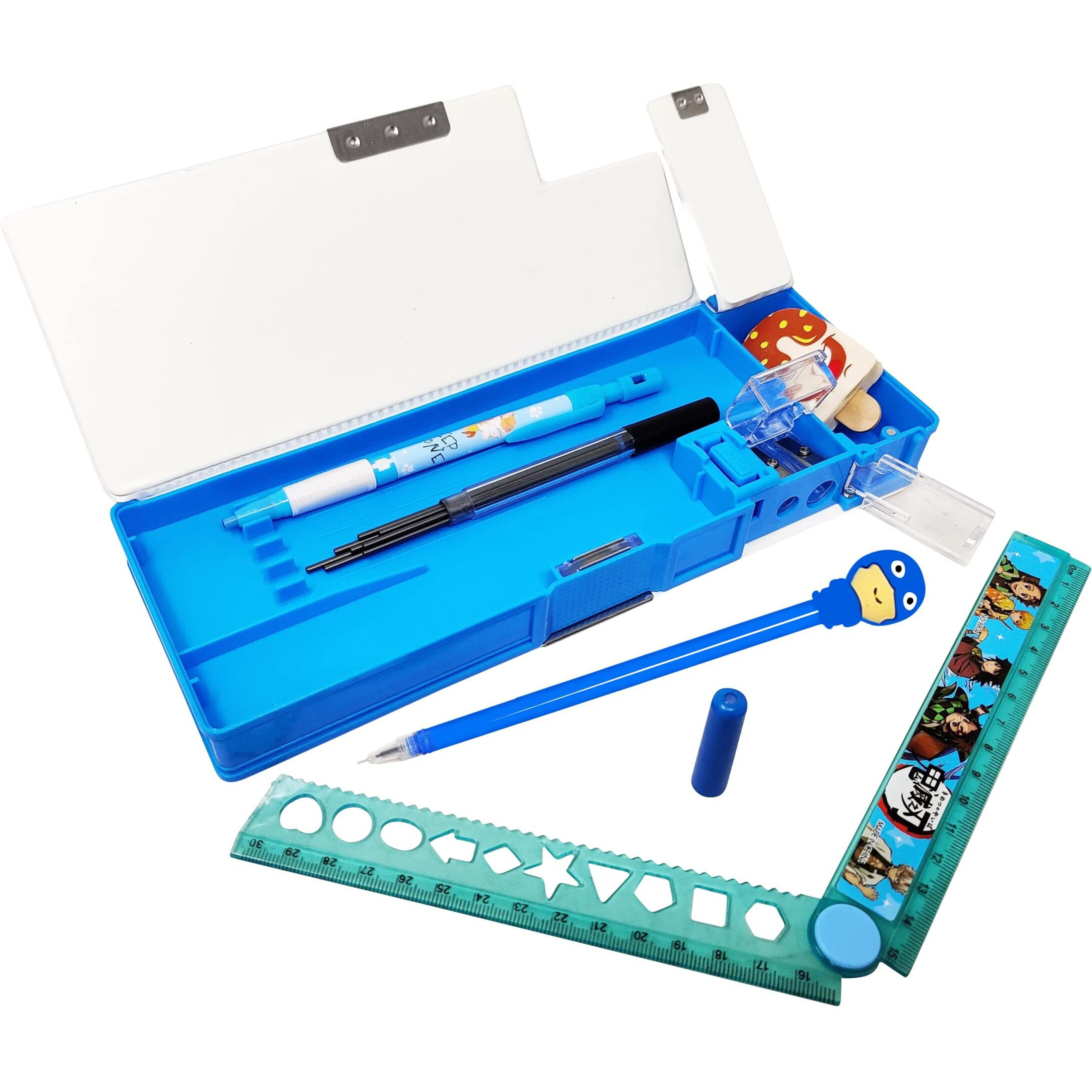 Parteet Space Pencil Box Combo (Pack Of 5 Items) 1 Space Printed Pencil Box, 1 Ice Cream Shape Eraser, 1 Cartoon Pen, 1 Lead Pencil With Extra Lead And 1 Folding Scale For Kids (Assorted Colour)