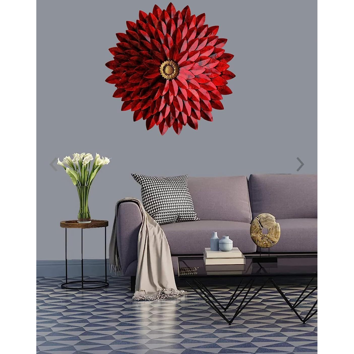 Anshika International Rajasthani Ethnic Metal Hand Crafted Round Flower Wall Decor High Gloss Showpiece For Home Decor/Bedroom/Living Room/Office Lobby Wall Hanging (Size 24X3X24 Inch)(Red)