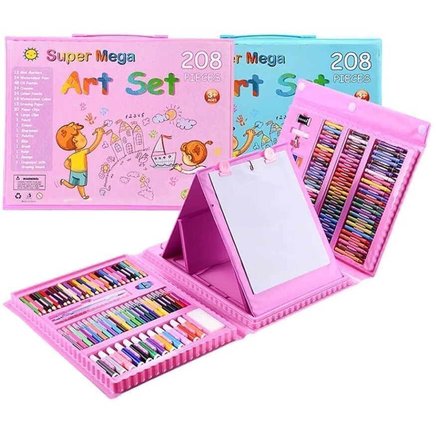 Parshya 208 Pcs Blue Professional Art Set, Folding Professional Colors Drawing Kit With Double Faceted Easel, Includes Coloured Pencils, Markers, Pastels, Ideal For Kids Gifts