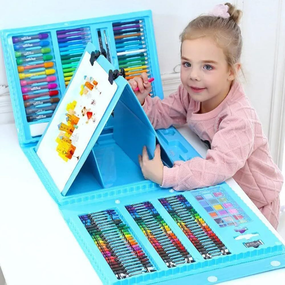 Parshya 208 Pcs Blue Professional Art Set, Folding Professional Colors Drawing Kit With Double Faceted Easel, Includes Coloured Pencils, Markers, Pastels, Ideal For Kids Gifts