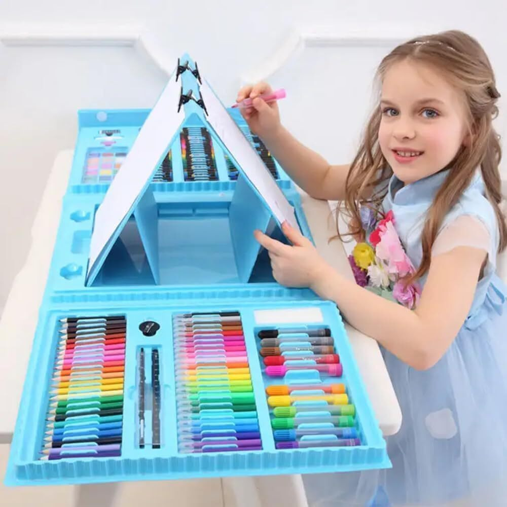Parshya 208 Pcs Blue Professional Art Set, Folding Professional Colors Drawing Kit With Double Faceted Easel, Includes Coloured Pencils, Markers, Pastels, Ideal For Kids Gifts
