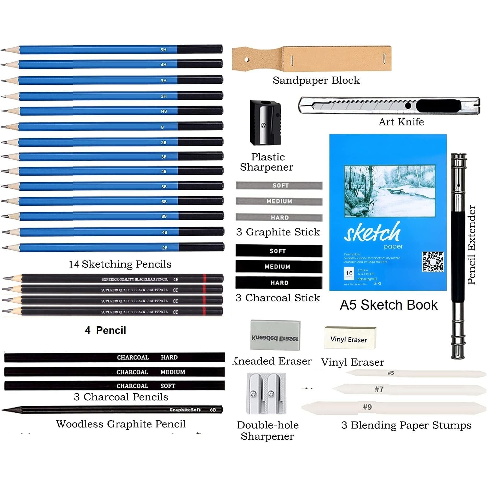 Corslet 39 Pack Graphite Drawing Pencils And Sketch Set, Professional Art Drawing Kit With Bag, Supplies Includes Charcoal Pencils, Graphite Pencils, Sticks, Sharpeners, Erasers And Paper Pad Notebook