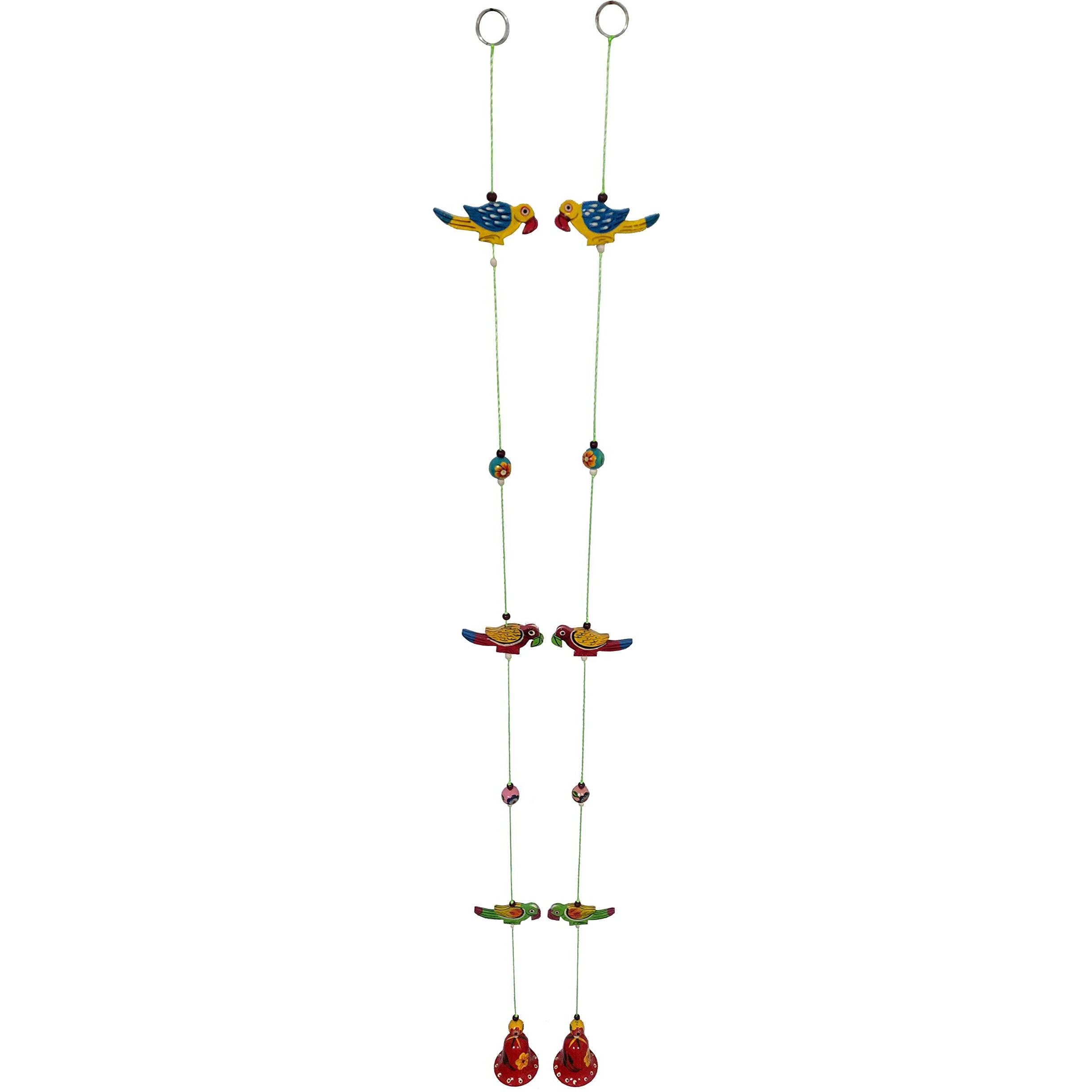 Purpledip Wall Hanging With Parrots & Bells (Set Of 2) Unique Wall Decor For Good Luck & Positive Energy (12463B)