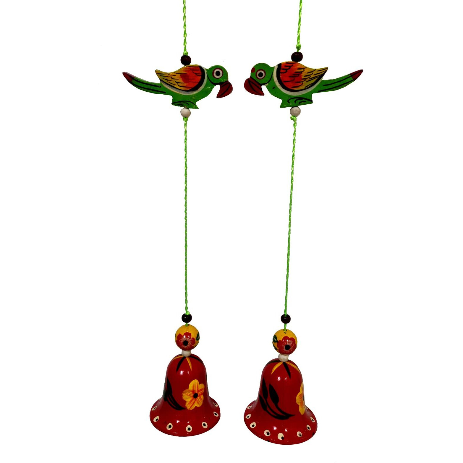 Purpledip Wall Hanging With Parrots & Bells (Set Of 2) Unique Wall Decor For Good Luck & Positive Energy (12463B)