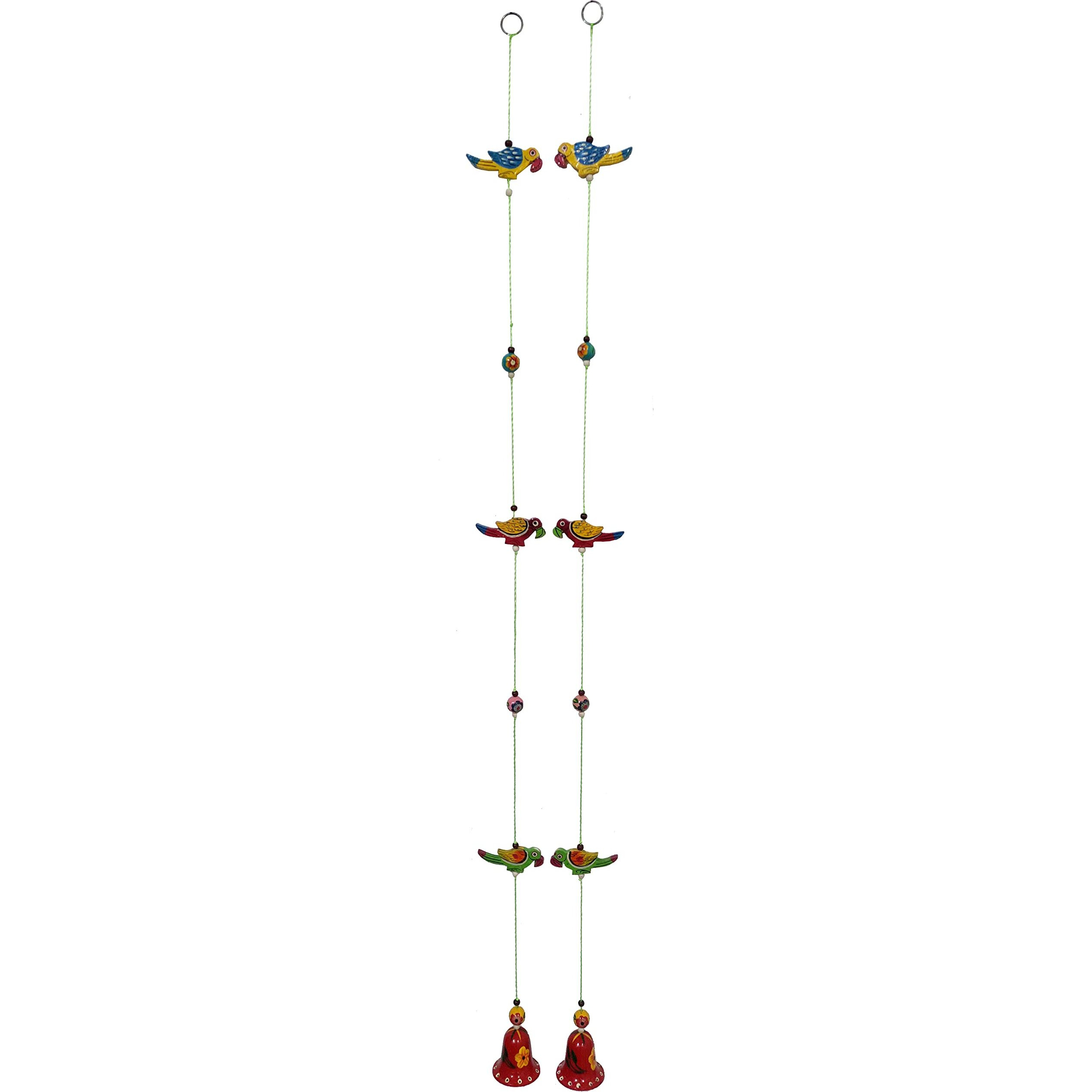 Purpledip Wall Hanging With Parrots & Bells (Set Of 2) Unique Wall Decor For Good Luck & Positive Energy (12463B)