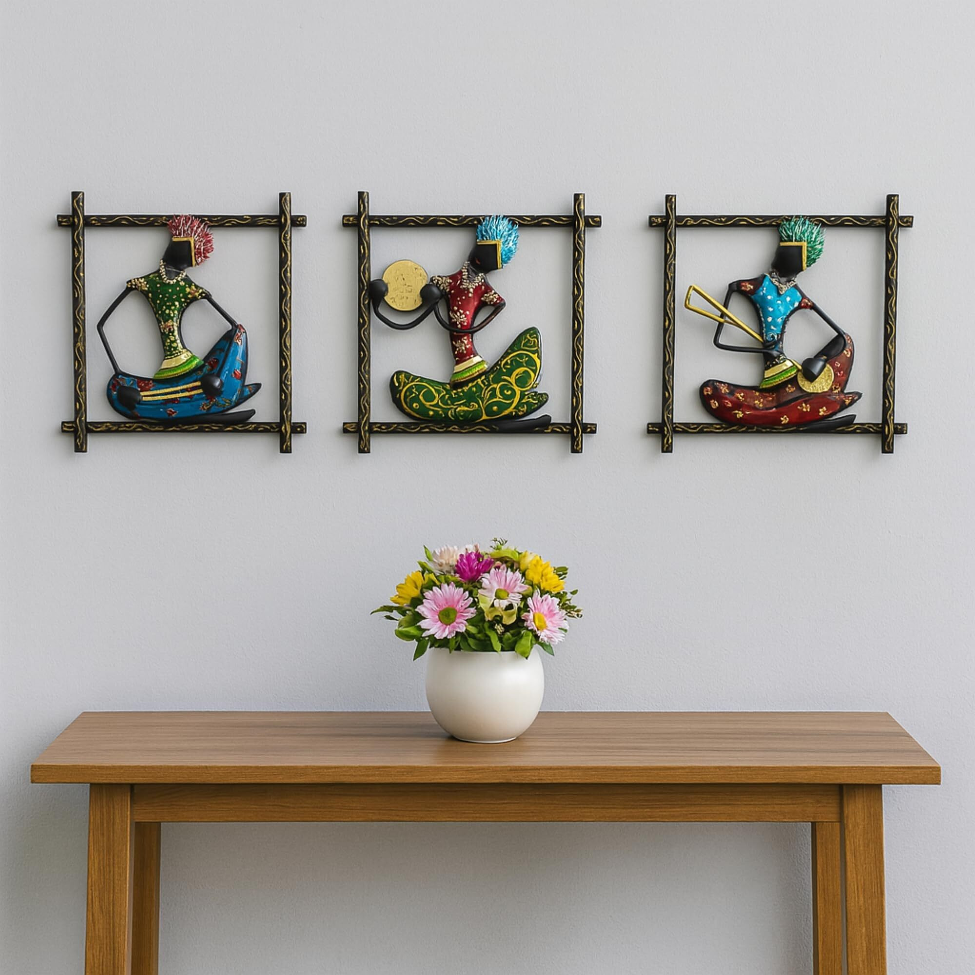 Rsn Metal Rajasthani Musicians Item Showpiece - Decorative Items For Wall Decor | Gift Items | Wall Hanging | Home Decoration Items Stylish| Wall Hangings For Home Decoration (9X9 Inch Black Frame)