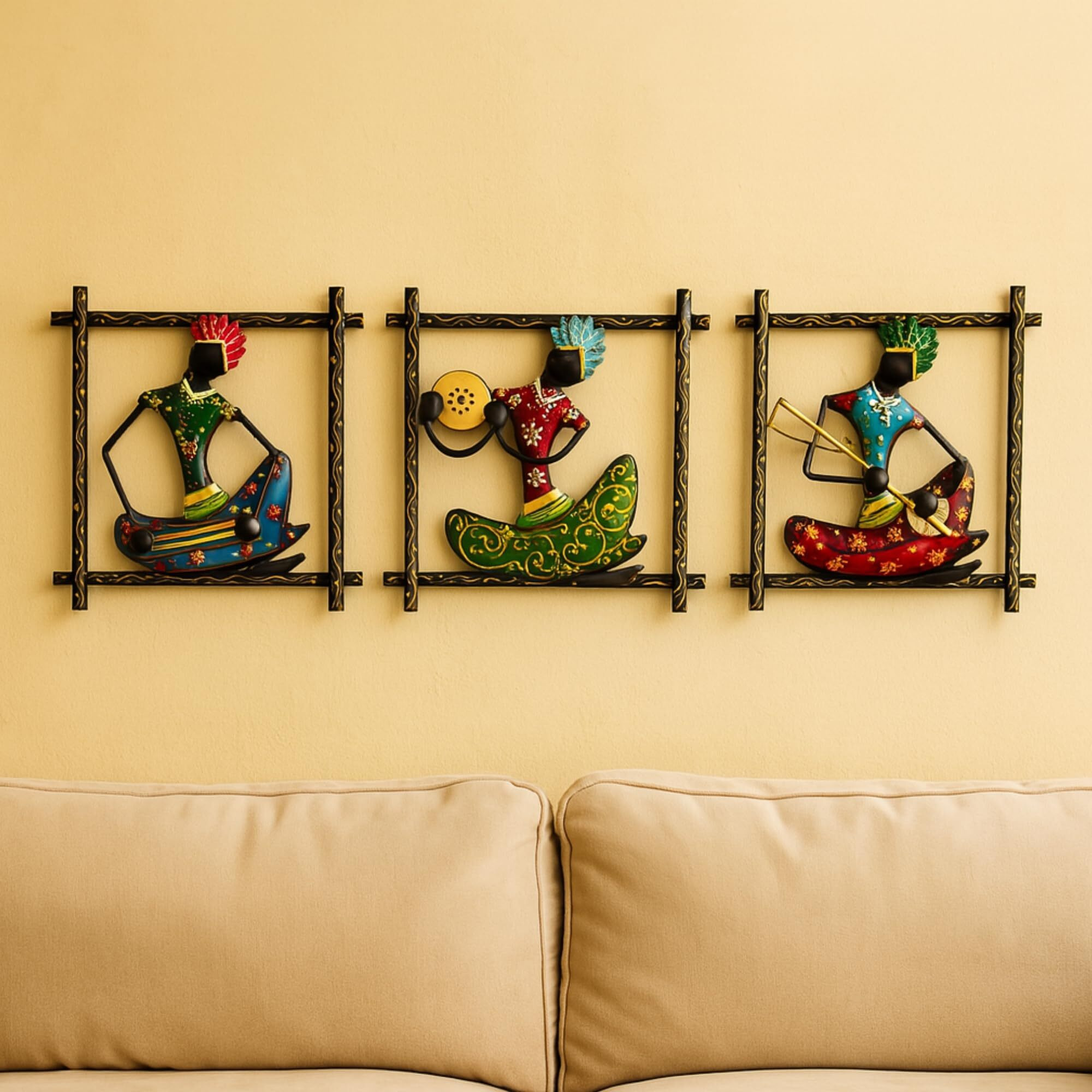 Rsn Metal Rajasthani Musicians Item Showpiece - Decorative Items For Wall Decor | Gift Items | Wall Hanging | Home Decoration Items Stylish| Wall Hangings For Home Decoration (9X9 Inch Black Frame)