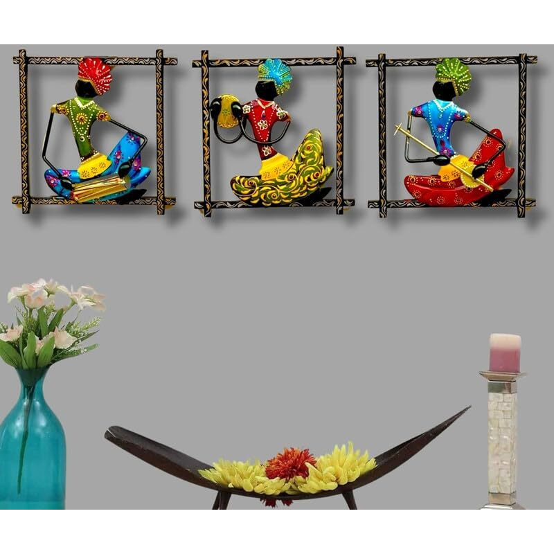 Rsn Metal Rajasthani Musicians Item Showpiece - Decorative Items For Wall Decor | Gift Items | Wall Hanging | Home Decoration Items Stylish| Wall Hangings For Home Decoration (9X9 Inch Black Frame)