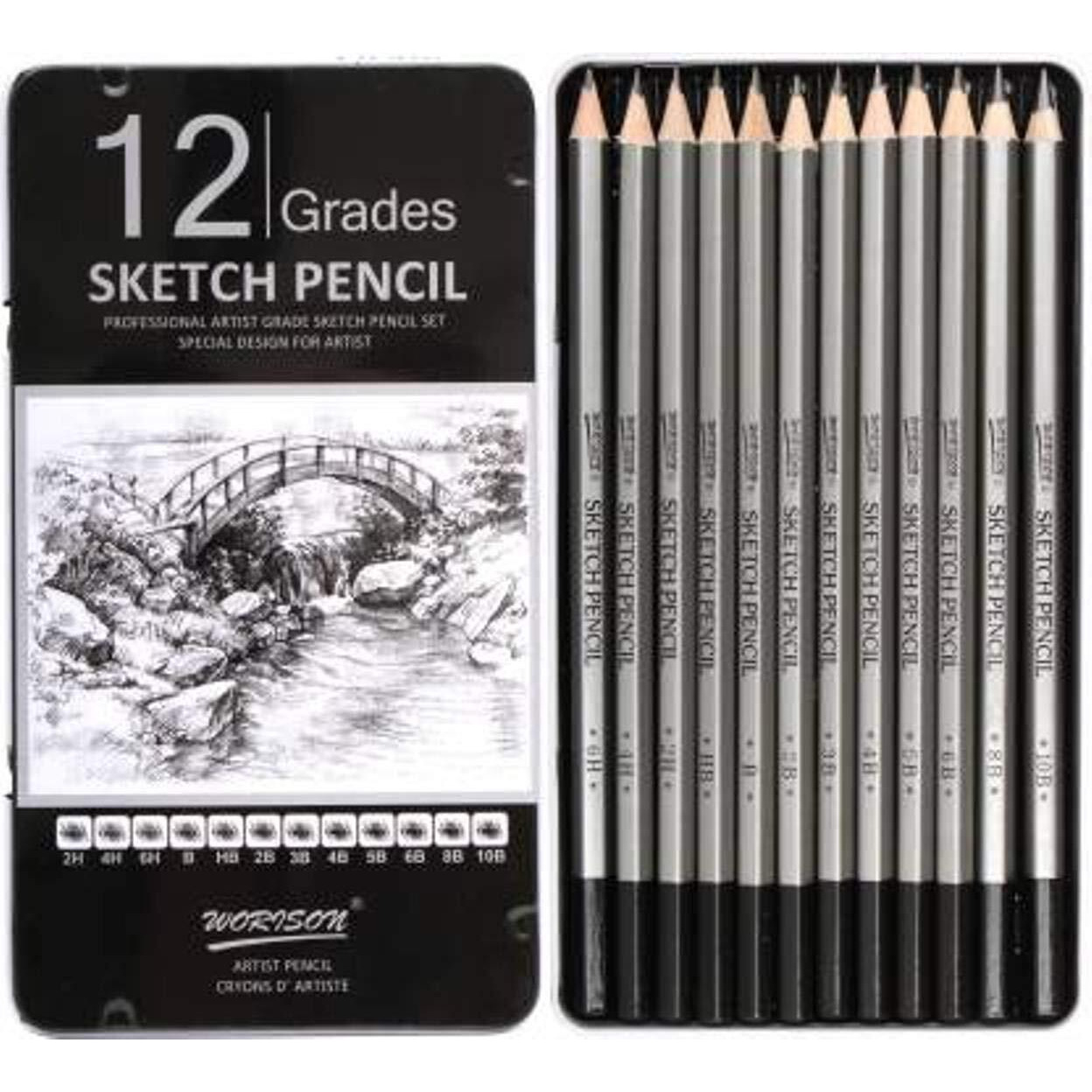 Chrome Professional Drawing Sketching Pencil Set - 12 Pieces Drawing Pencils 10B, 8B, 6B, 5B, 4B, 3B, 2B, B, Hb, 2H, 4H, 6H Graphite Pencils Metal Box