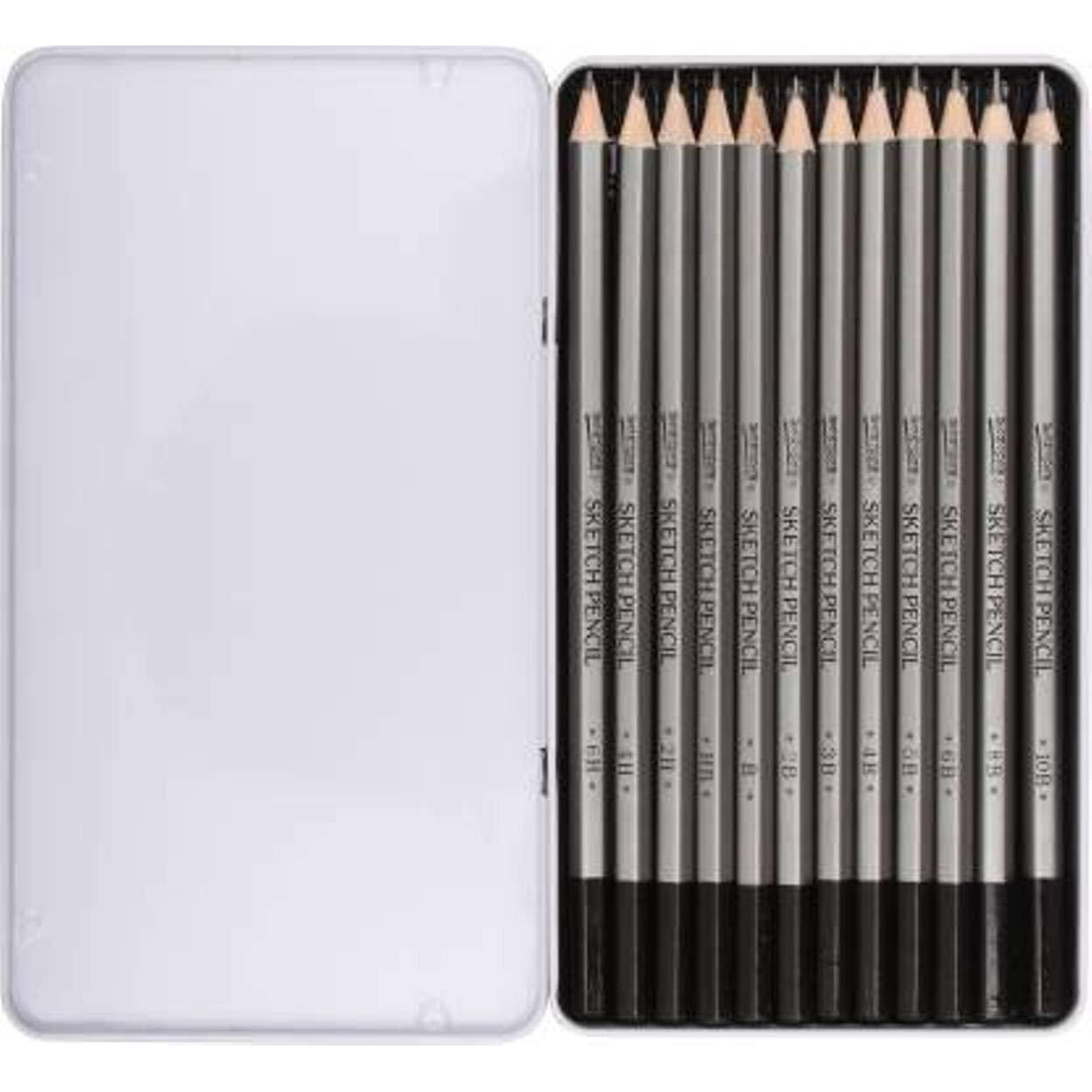 Chrome Professional Drawing Sketching Pencil Set - 12 Pieces Drawing Pencils 10B, 8B, 6B, 5B, 4B, 3B, 2B, B, Hb, 2H, 4H, 6H Graphite Pencils Metal Box