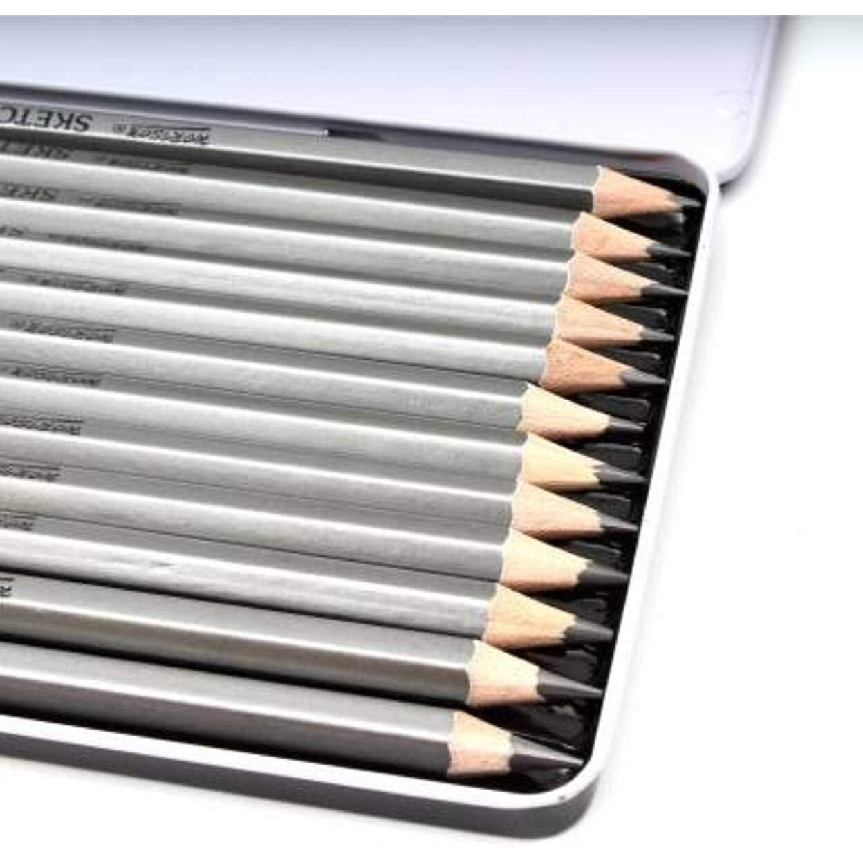 Chrome Professional Drawing Sketching Pencil Set - 12 Pieces Drawing Pencils 10B, 8B, 6B, 5B, 4B, 3B, 2B, B, Hb, 2H, 4H, 6H Graphite Pencils Metal Box