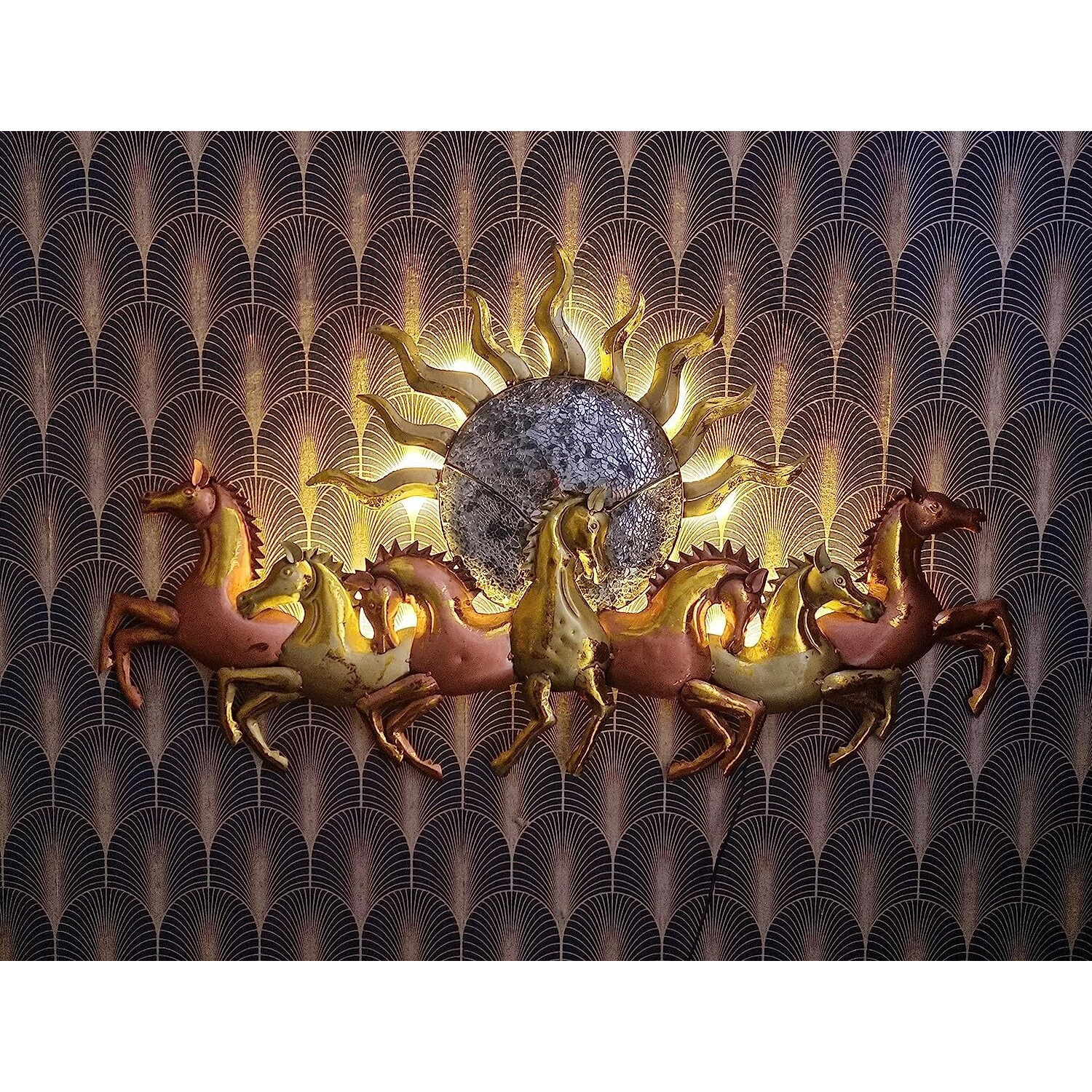 Rsn Wall Art Frame Metal, Wall Sculpture For Living Room, Wall Hangings For Home Decoration, Scenery Showpiece Wall Hanging Decorative Items For Bedroom For 7 Horse With Led Light (Size 46X27 In)