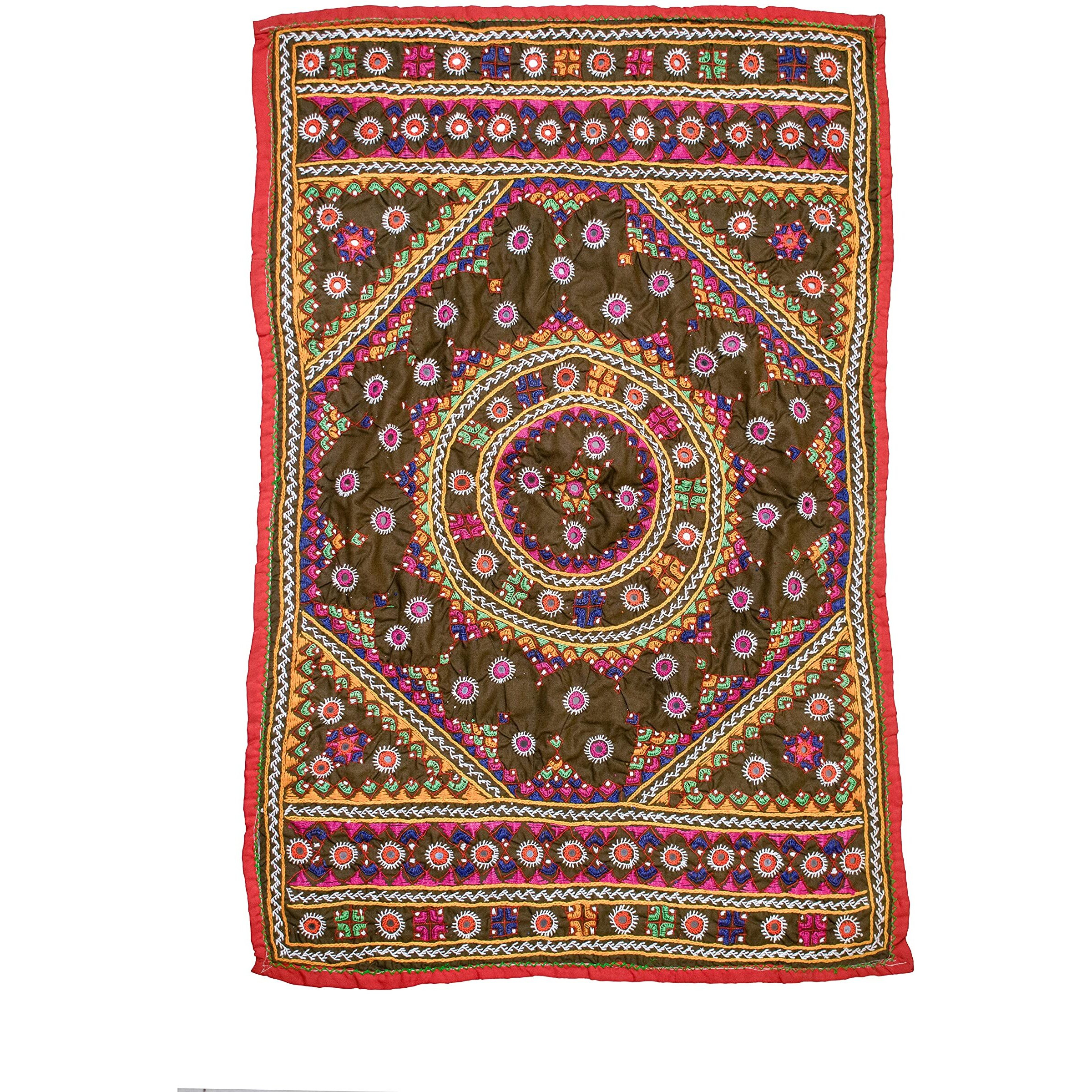 Ethnics Of Kutch Neran Work Cotton Fine Mirror And Threadwork Embroidery Wall Decoration - 80 Cms Length - (Brown - 25302B)