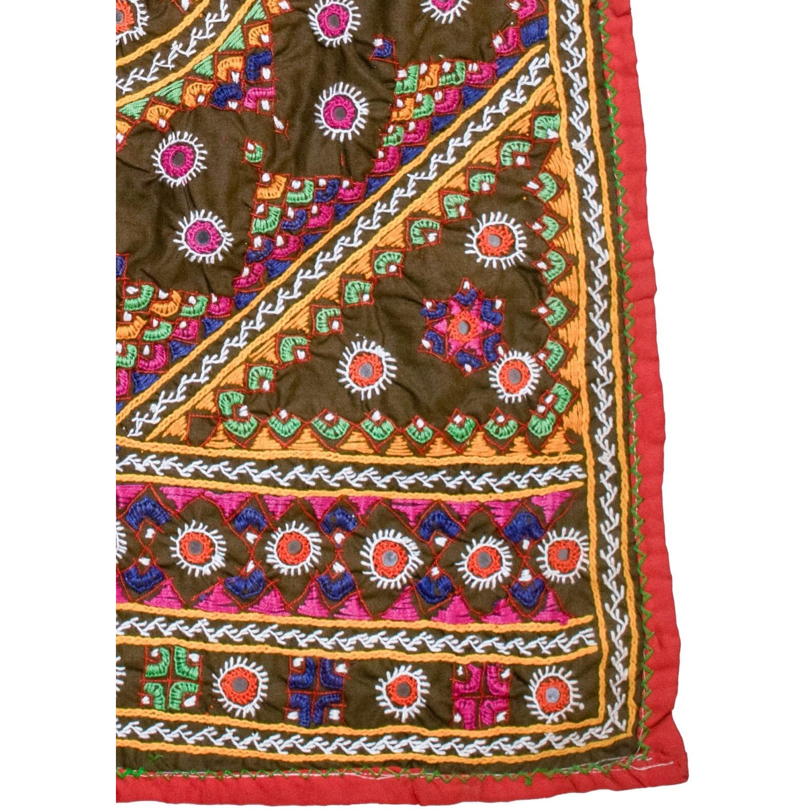 Ethnics Of Kutch Neran Work Cotton Fine Mirror And Threadwork Embroidery Wall Decoration - 80 Cms Length - (Brown - 25302B)