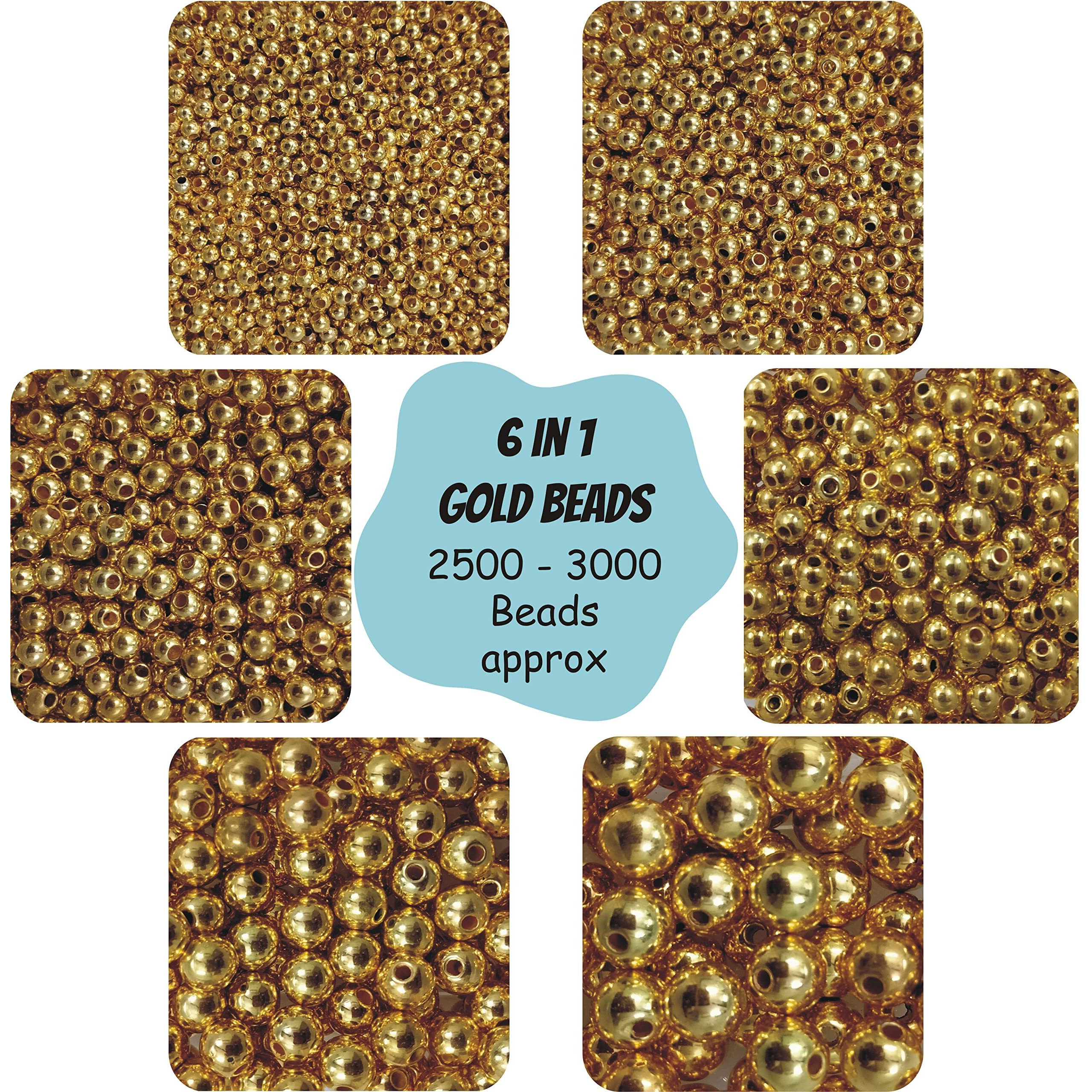 Indikonb 2500 Pcs Gold Color Beads For Jewelry Making, Earring, Necklace, Bracelet Set For Girls And Women (6 Round Golden Pearl Bead Moti Of Size 3 Mm, 4 Mm, 5Mm, 6Mm, 8Mm, 10Mm + Nylon Wire)