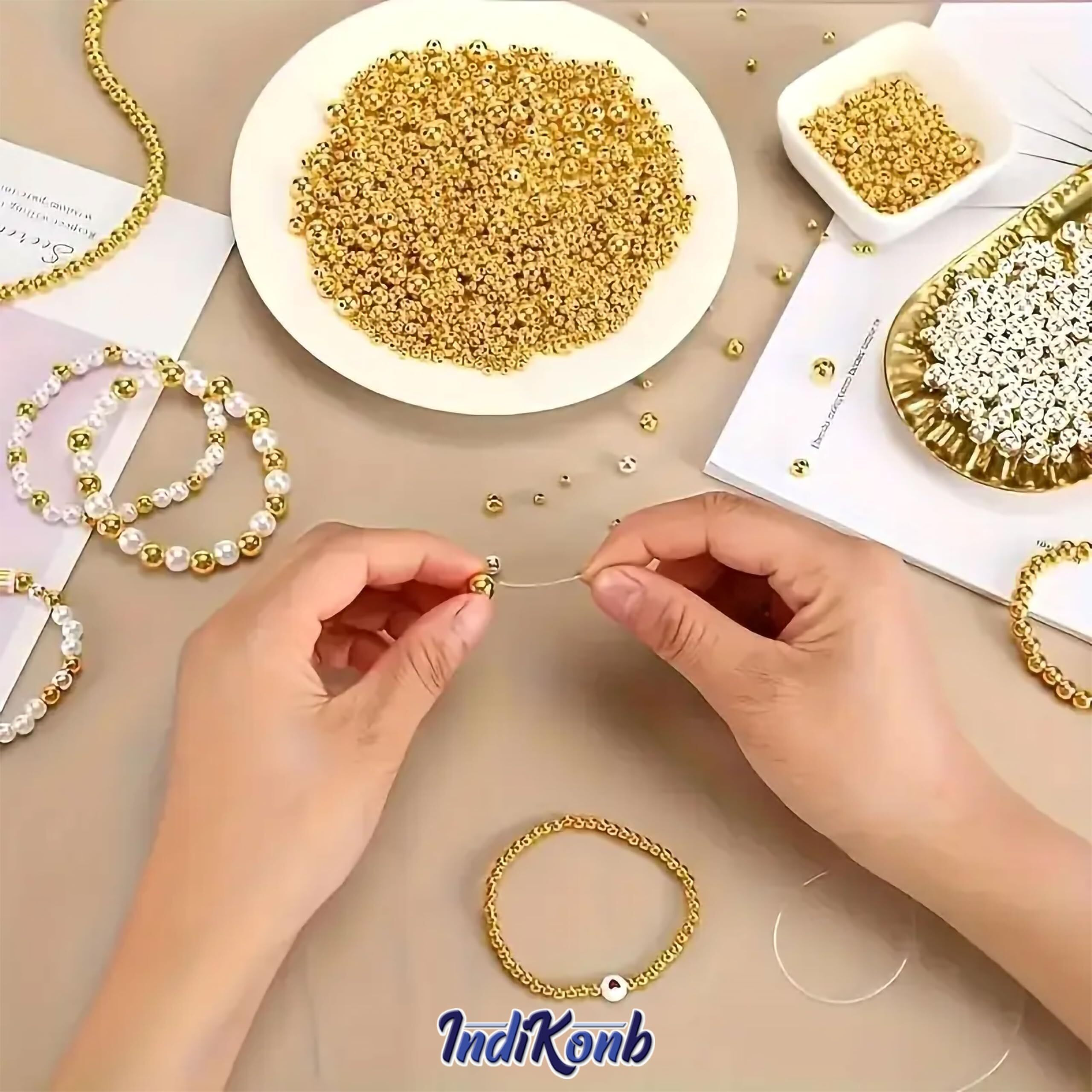 Indikonb 2500 Pcs Gold Color Beads For Jewelry Making, Earring, Necklace, Bracelet Set For Girls And Women (6 Round Golden Pearl Bead Moti Of Size 3 Mm, 4 Mm, 5Mm, 6Mm, 8Mm, 10Mm + Nylon Wire)