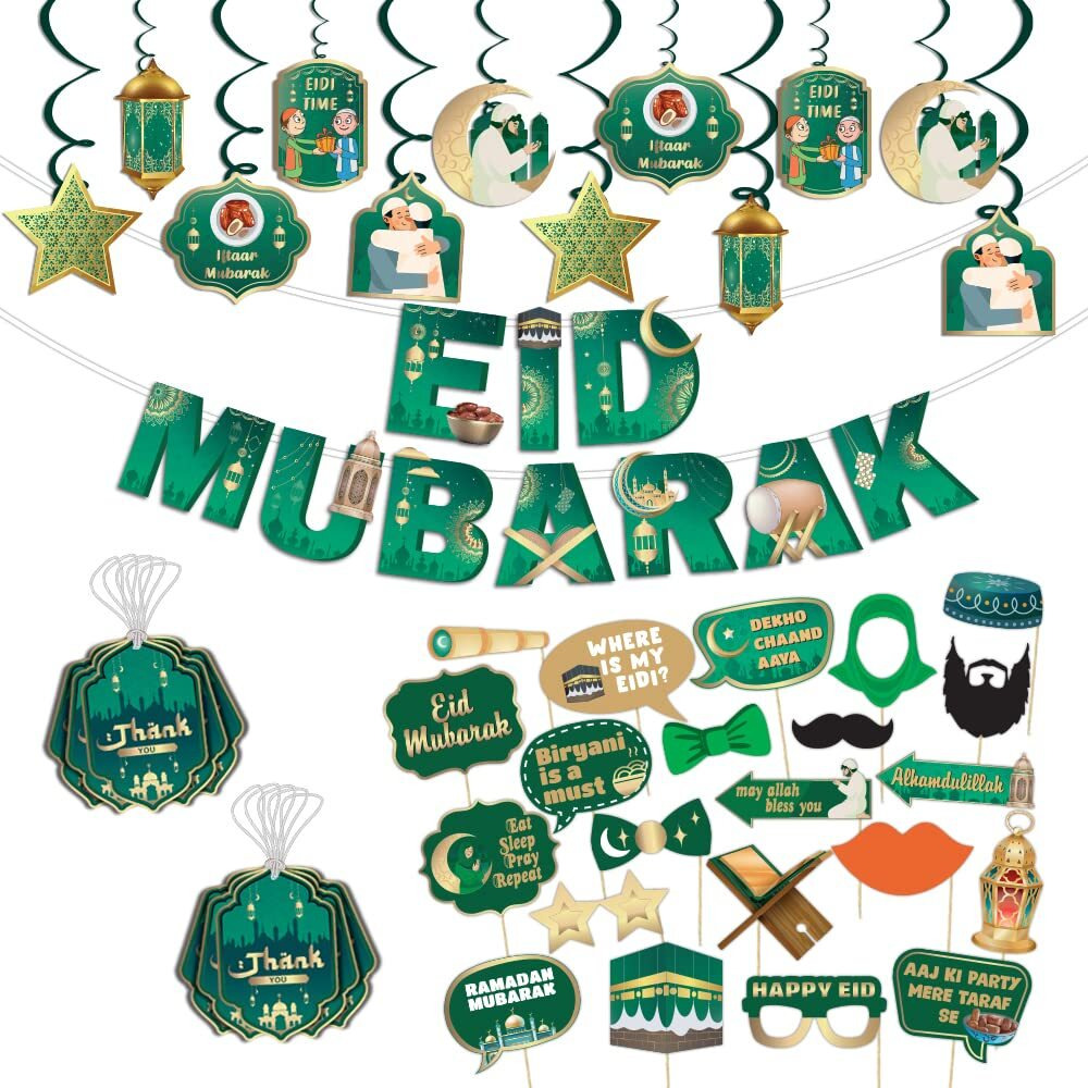 Festiko Set Of 57 Pcs Eid Mubarak Decoration Combo - (Banner/Swirls Ribbons & Cutouts/Photobooth Props/Thank You Tags), Eid Decorations, Ramadan Decorations