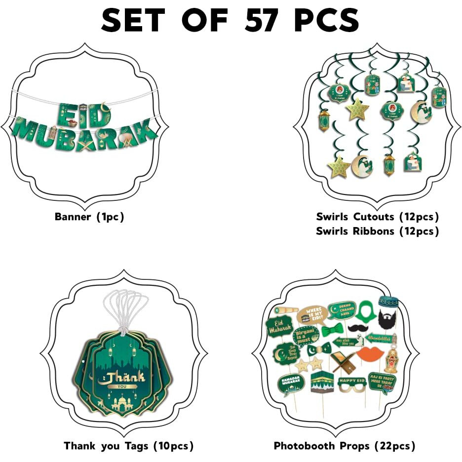 Festiko Set Of 57 Pcs Eid Mubarak Decoration Combo - (Banner/Swirls Ribbons & Cutouts/Photobooth Props/Thank You Tags), Eid Decorations, Ramadan Decorations