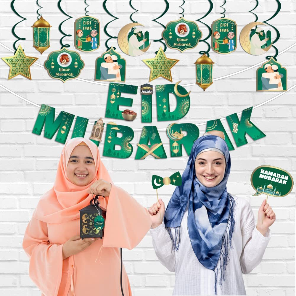 Festiko Set Of 57 Pcs Eid Mubarak Decoration Combo - (Banner/Swirls Ribbons & Cutouts/Photobooth Props/Thank You Tags), Eid Decorations, Ramadan Decorations