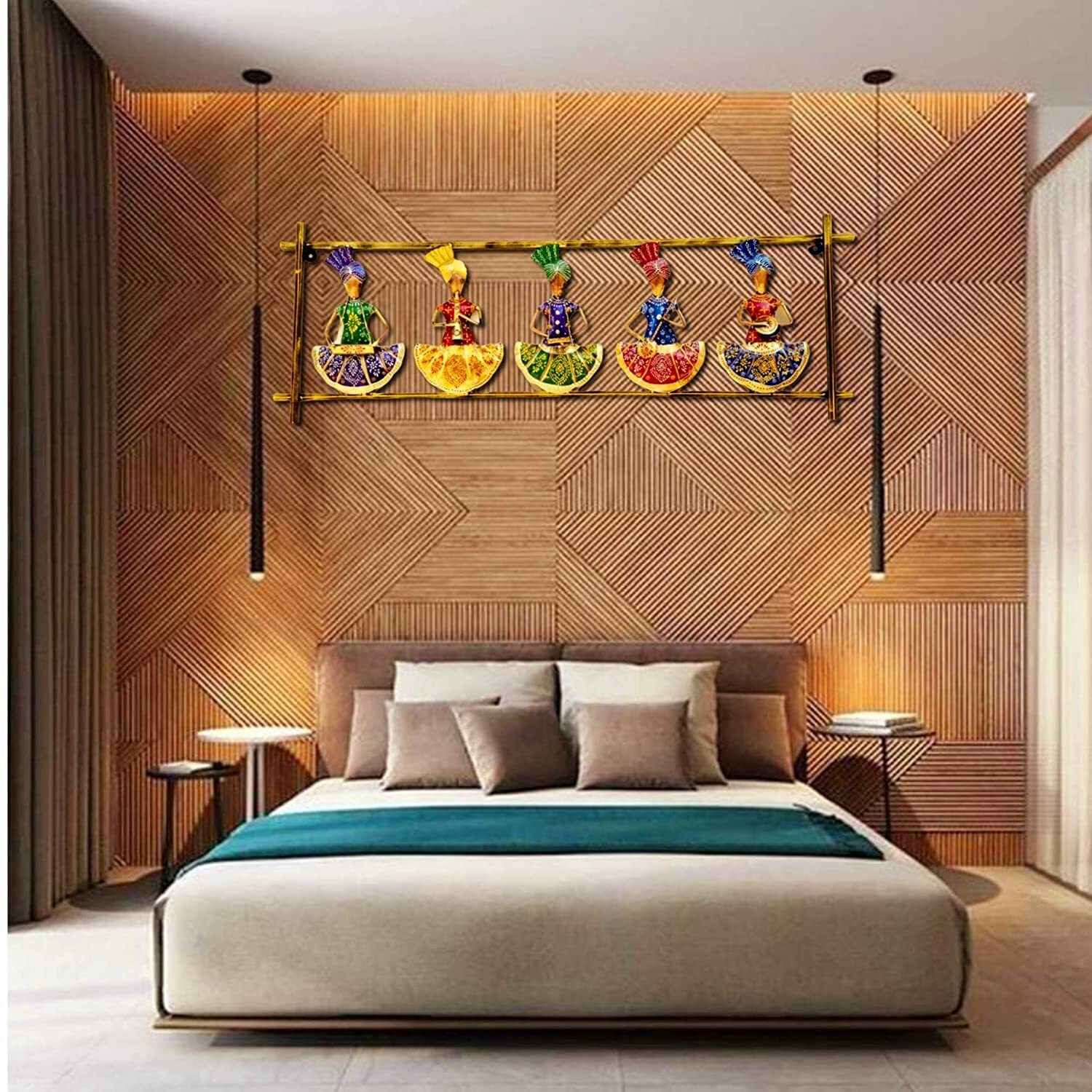 Rsn Metal Decorative Beautiful Colorful 5 Musicians Doll Wall Hanging Metal Frame Wall Dcor Entrance, Wall Hanging For Living Room, Wrought Iron, Wall Art Decor Hanging For Home Decoration Living Room, Bedroom, Home, Office, Hotel Size 40X15 Inch - Multicolor