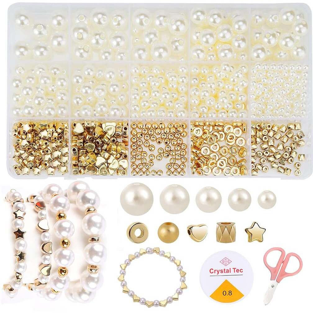 Sannidhi 720Pcs Pearls Beads For Jewellery Making Kit, Pearl Beads For Bracelet Making, Assorted Sizes Pearl Round Beads Set Spacer Charms Golden Beads With Tools For Diy Crafts, Earrings, Necklace