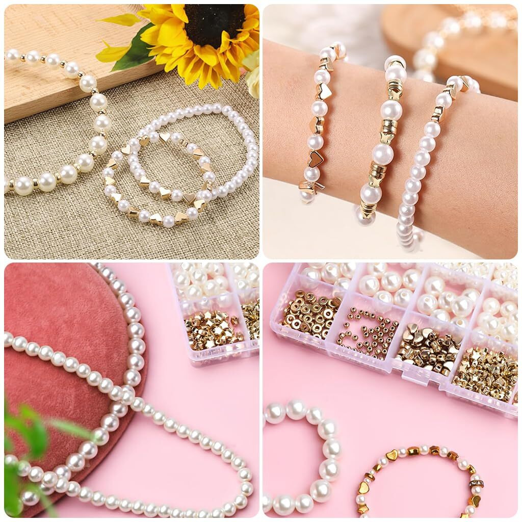 Sannidhi 720Pcs Pearls Beads For Jewellery Making Kit, Pearl Beads For Bracelet Making, Assorted Sizes Pearl Round Beads Set Spacer Charms Golden Beads With Tools For Diy Crafts, Earrings, Necklace