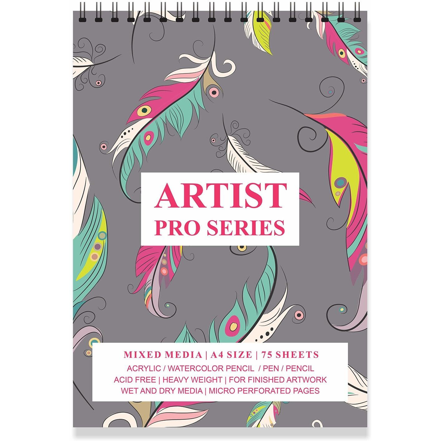 Printelligent Multicolour Feathers Design Spiral Bound Artists Sketch Drawing Book (A4 Size, 75 Pages, 160 Gsm)