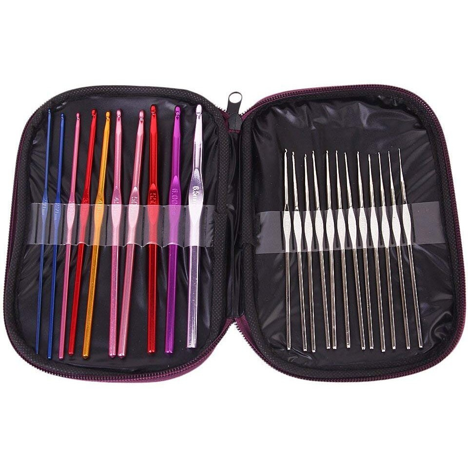 Alfa Mart 22 Pcs Aluminium Crochet Hooks Needle Knitting Needles Set With Purple Case For Beginners, 22 Pieces, Multicolor