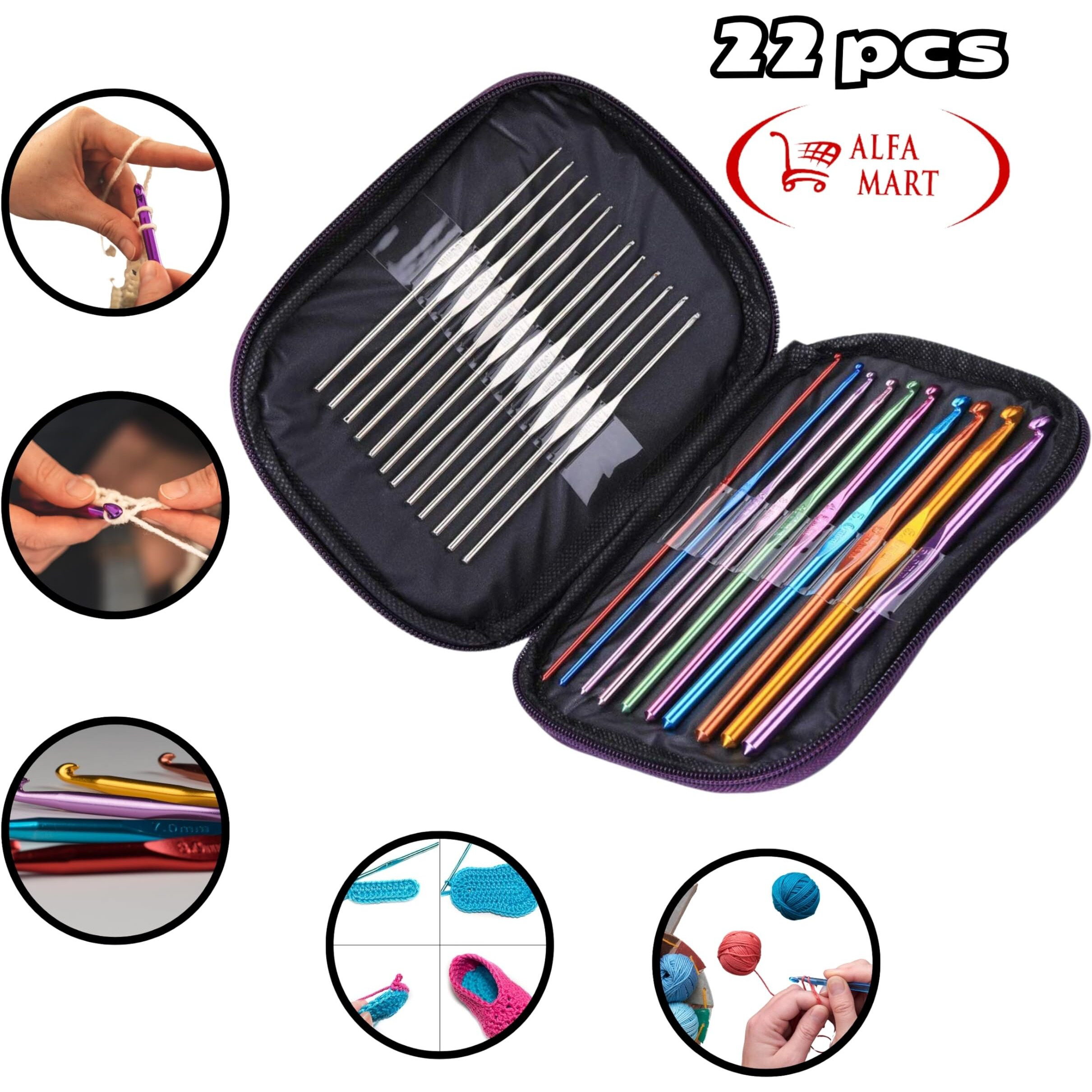 Alfa Mart 22 Pcs Aluminium Crochet Hooks Needle Knitting Needles Set With Purple Case For Beginners, 22 Pieces, Multicolor
