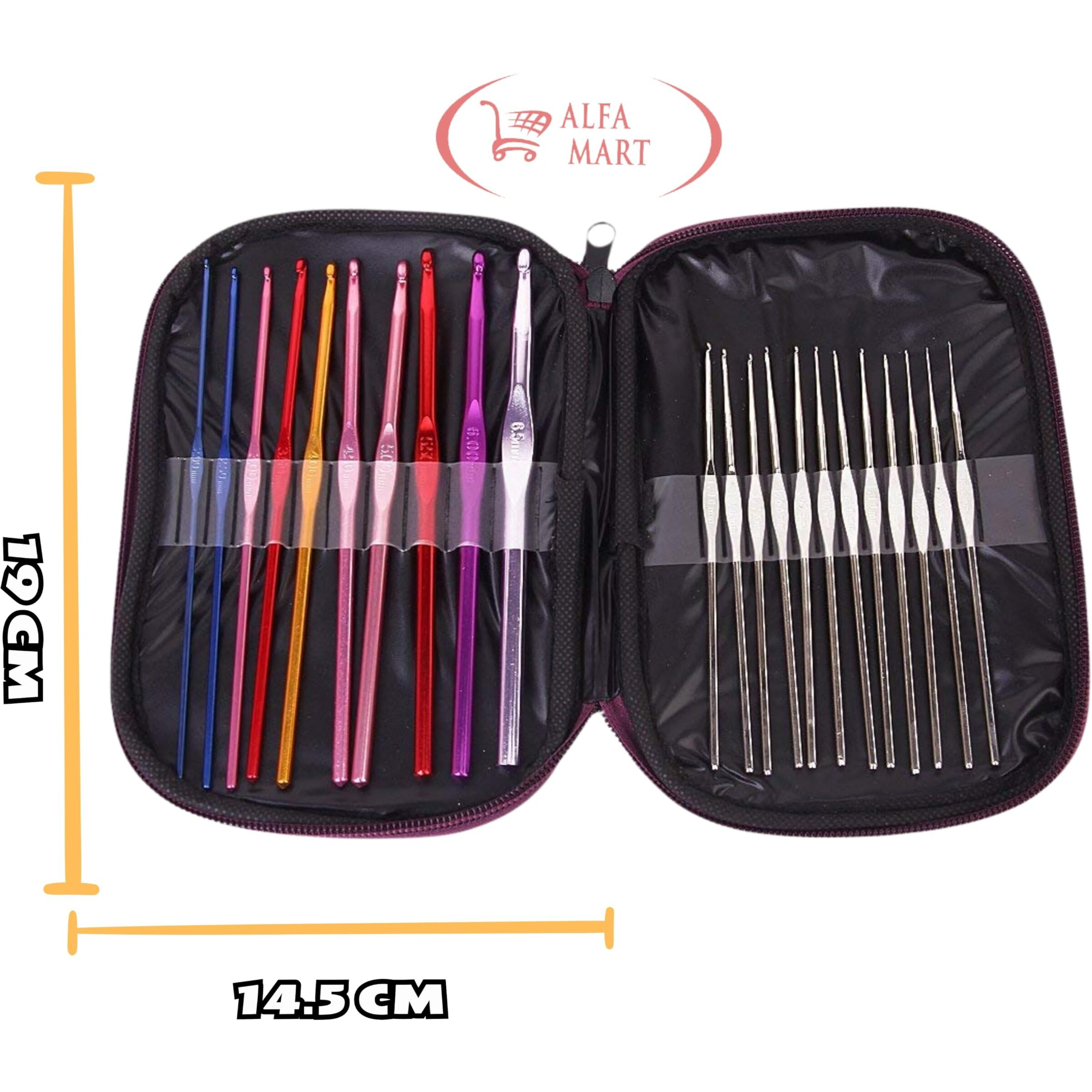 Alfa Mart 22 Pcs Aluminium Crochet Hooks Needle Knitting Needles Set With Purple Case For Beginners, 22 Pieces, Multicolor