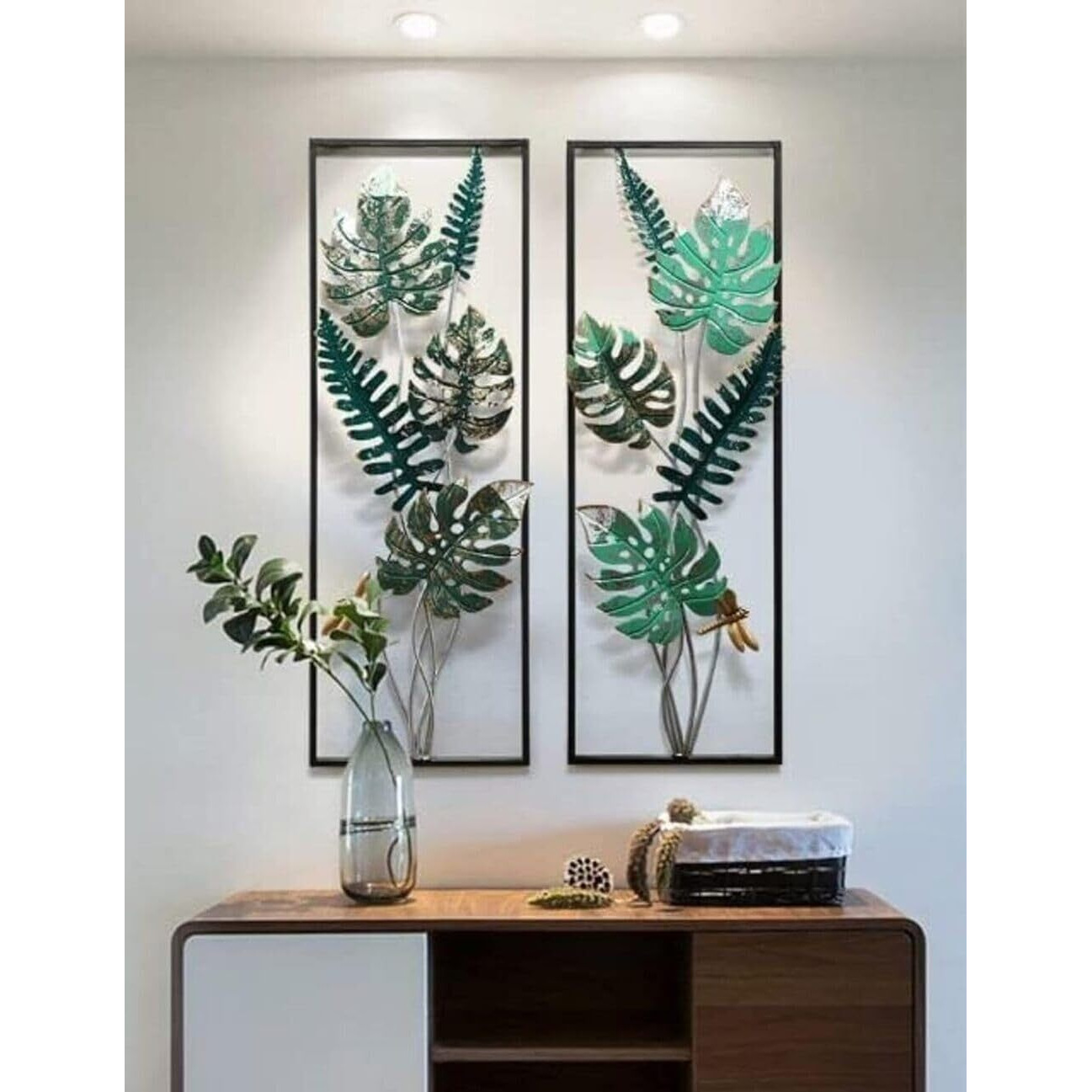 Ovik Multicolor Metal Wall Decor Set Of 2 Golden Leaf Wall Decoration Home Wall Art Wall Hanging With Frame For Living Room Bedroom Office Bathroom Study Room Modern Sculpture (12" X 36")
