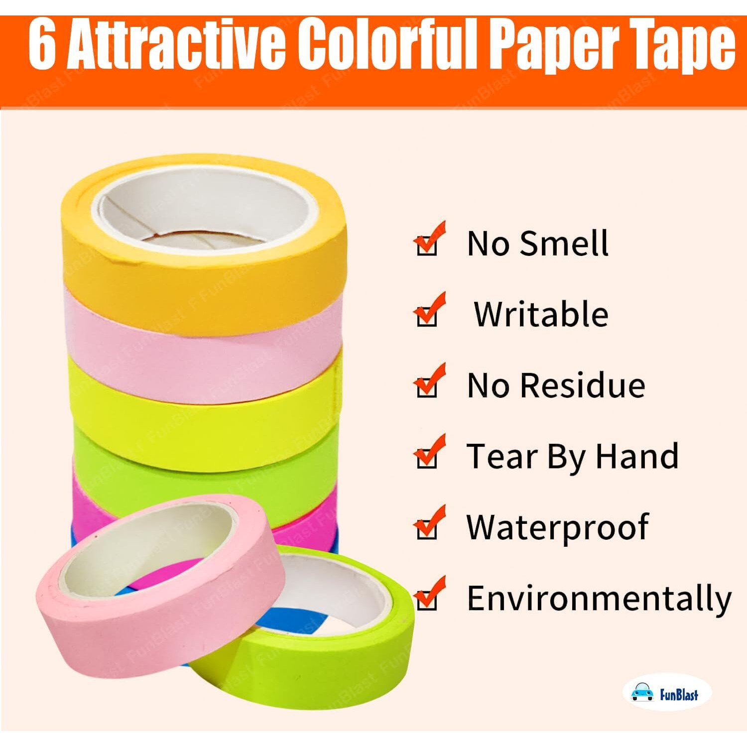 Funblast Set Of 6 Attractive Colorful Paper Tape - Self Adhesive Paper Tapes For Decoration, Gift Wrapping Tapes, Diy Art And Craft (Multicolor)