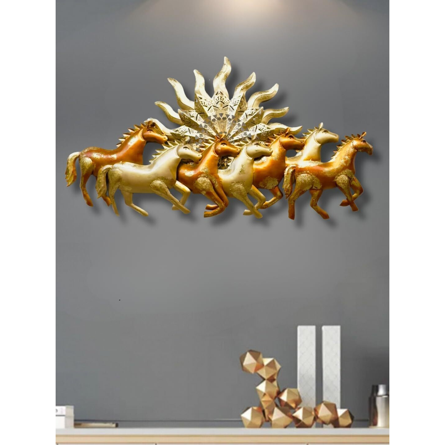 Rsn 7 Running Horses With Sun - Metal Wall Decor, With Led Light For Living Room, Drawing Room, And Office Decor-Size-50X2X26 Inch