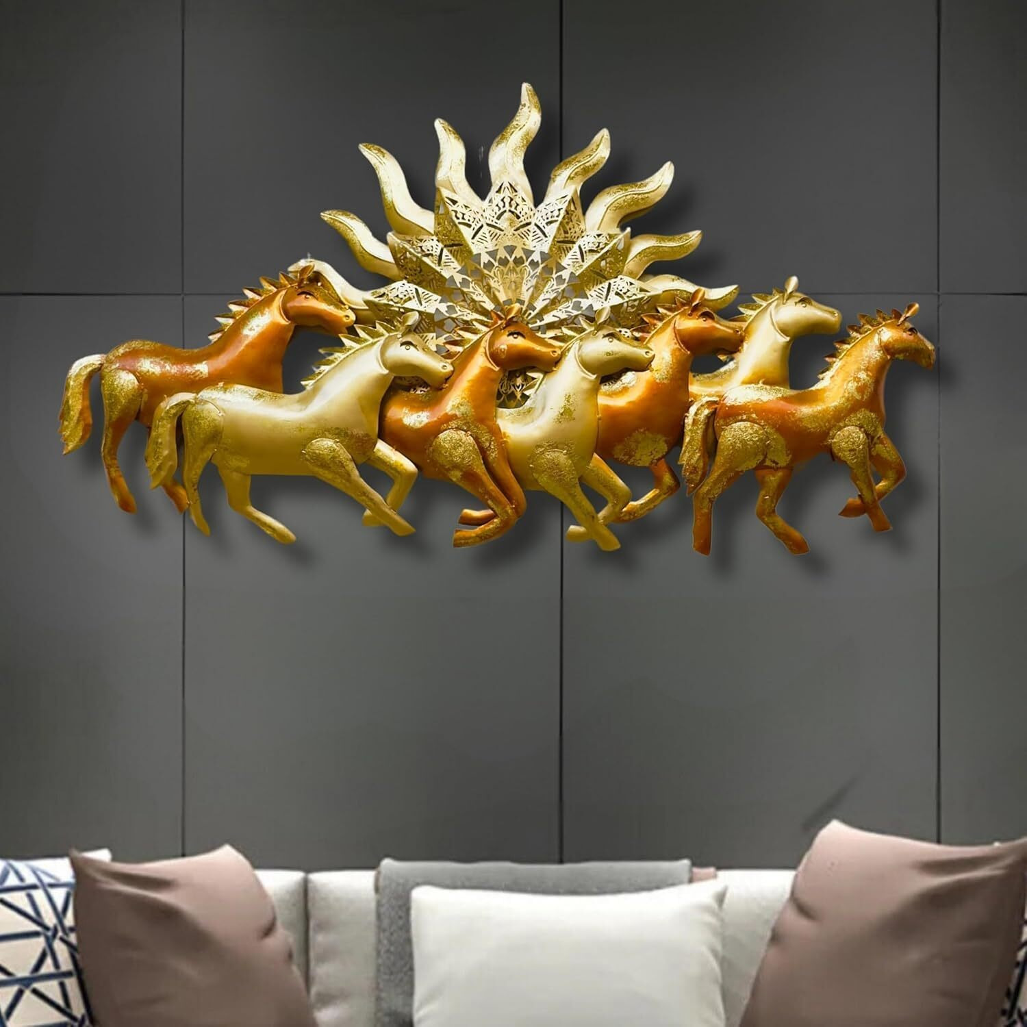 Rsn 7 Running Horses With Sun - Metal Wall Decor, With Led Light For Living Room, Drawing Room, And Office Decor-Size-50X2X26 Inch