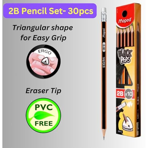 Maped 2B Graphite Pencils - 30Pcs, Triangular Shape, Soft & Extra Dark, Easy Grip, Fine Wood Pencils