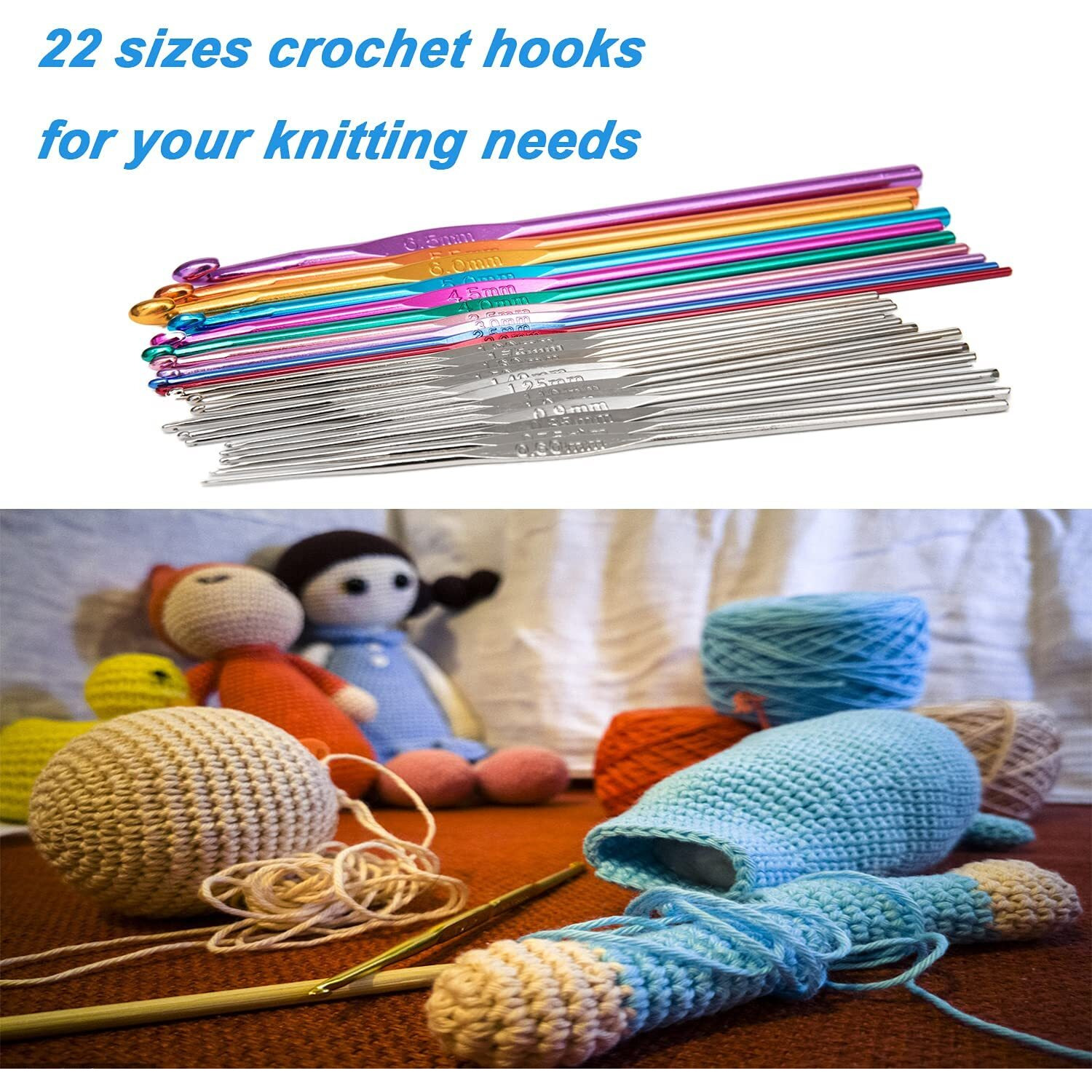Tusmad Crochet Hooks Set Steel, Aluminium Crochet Hooks Knitting Needles Set Withergonomic Knitting Knit Needles, Weave Yarn Set Ultimate Sewing, Craft, Sweater, Woolen Cloth, Yarn, Thread Case (Multicolour) - 22 Piecesc