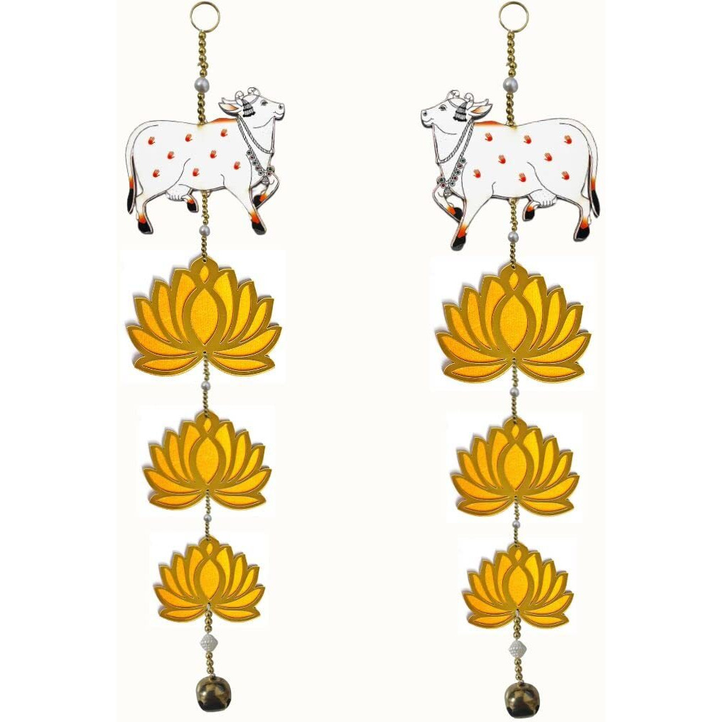 Adikala Handmade Wall Hanging 3 Different Size Yellow Acrylic Lotus With Pichwai Cow For Home Door, Decor, Pooja All Festival And Wedding Decor 1 Pair