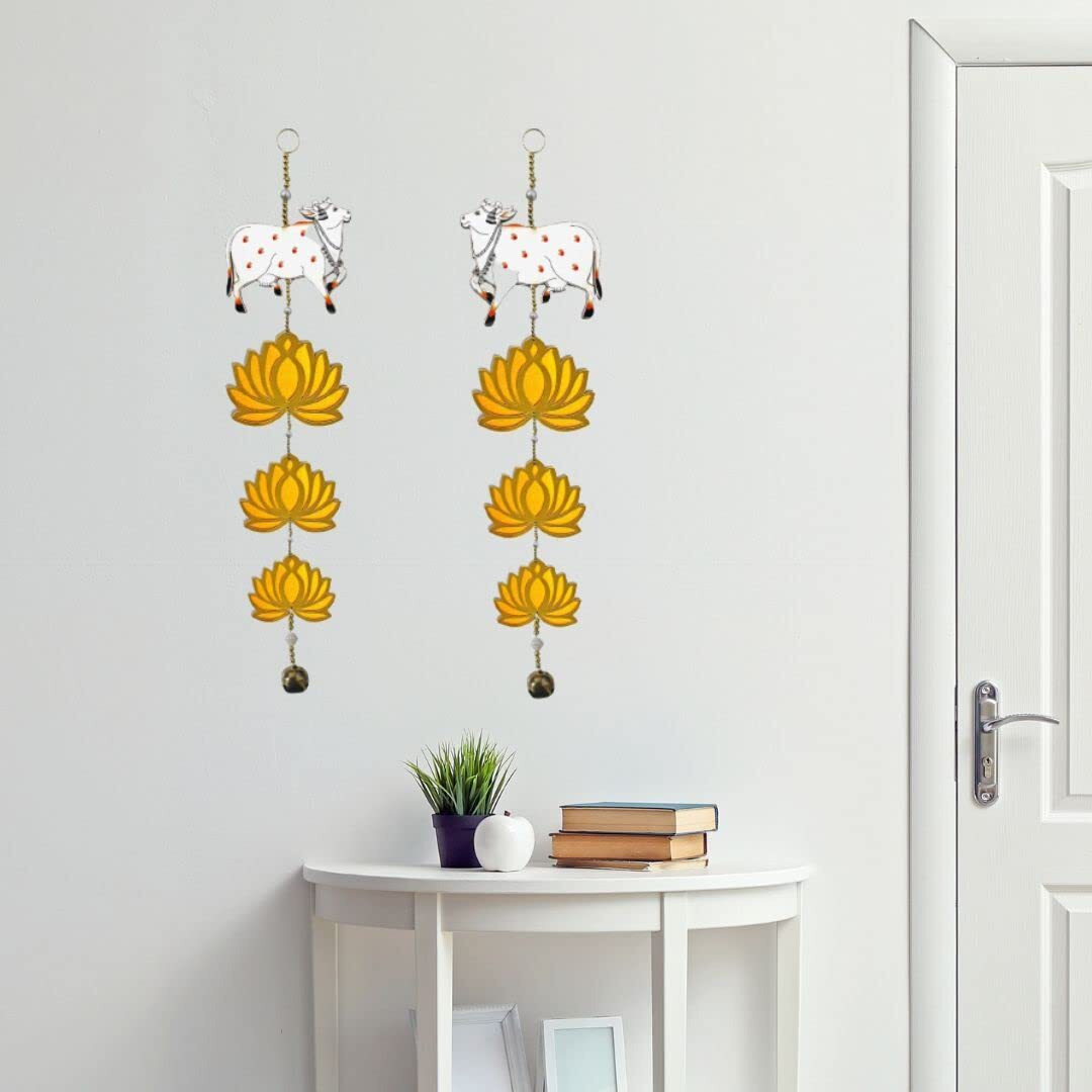Adikala Handmade Wall Hanging 3 Different Size Yellow Acrylic Lotus With Pichwai Cow For Home Door, Decor, Pooja All Festival And Wedding Decor 1 Pair