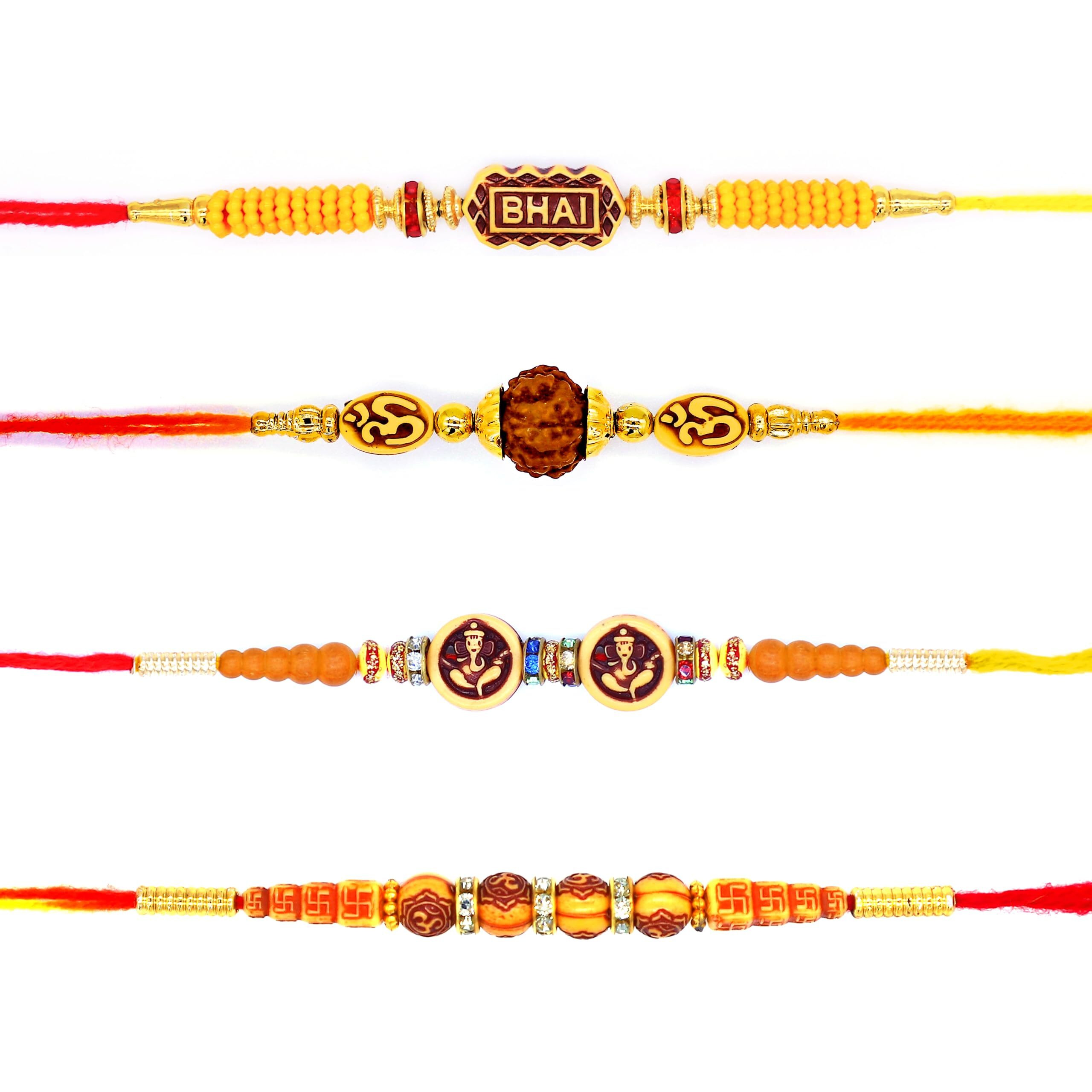 Dmoksh Rakhi For Brother 4 Pics Rakhi Set Designer Rakhi For Brother With Roli & Rise|Rakhi For Rakshabandhan |Bracelet Rakhi|Wooden Beads&Pearl|Best Gift Rakhi For Brother.