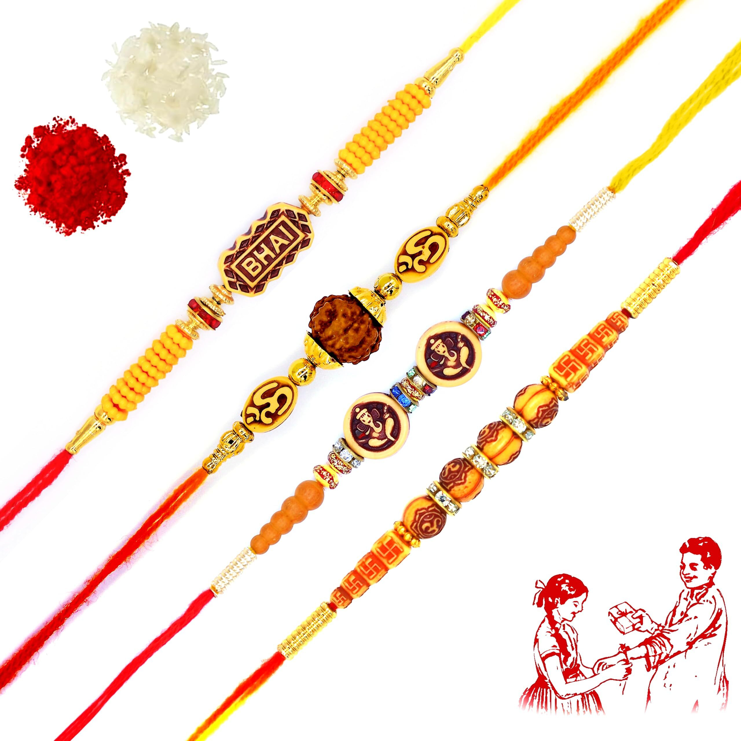 Dmoksh Rakhi For Brother 4 Pics Rakhi Set Designer Rakhi For Brother With Roli & Rise|Rakhi For Rakshabandhan |Bracelet Rakhi|Wooden Beads&Pearl|Best Gift Rakhi For Brother.
