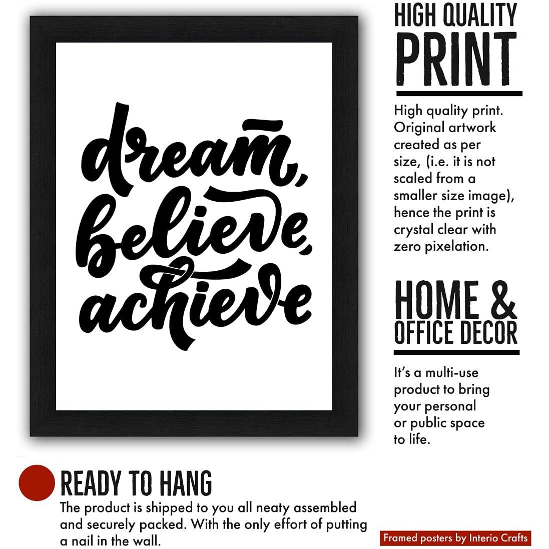 Interio Crafts - Dream Believe Achieve - Motivational Wall Frames - Inspirational Framed Poster For Students - Home Or Office Wall Decor - Synthetic Wood With Black Frame - 13 X 10 Inches